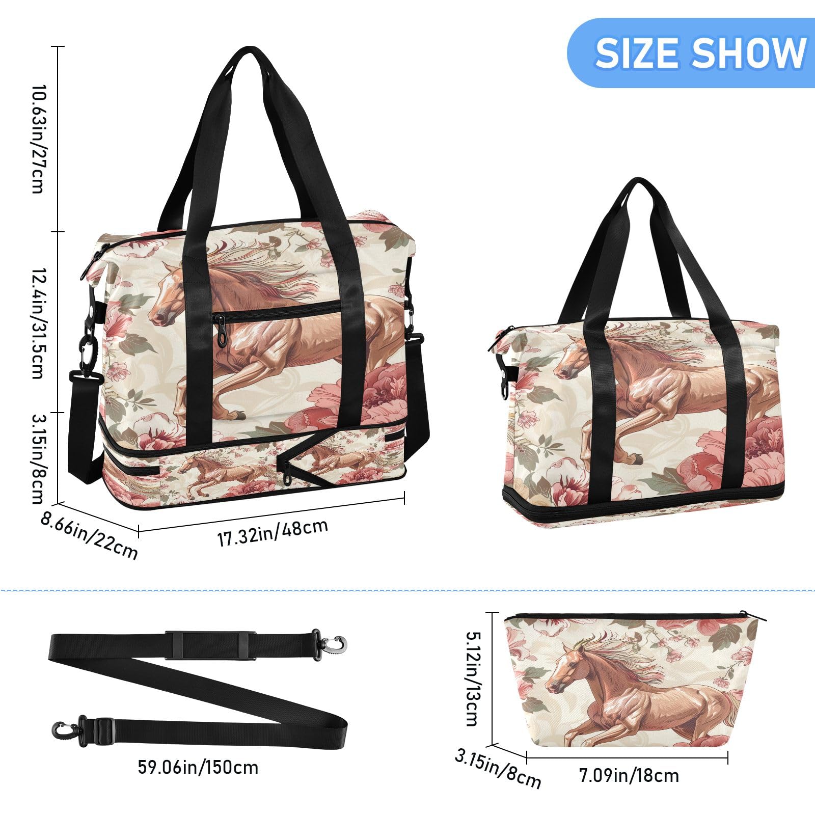Bolsa de viaje para caballos, bolsa de gimnasio para deportes, impermeable, bolsa de fin de semana con compartimento, caballo, Talla única, Bolsa de viaje