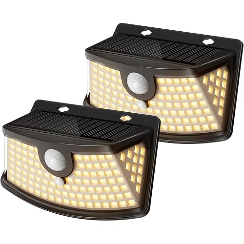 Aootek New Solar Motion Sensor Lights 120 LEDs with Lights Reflector,270° Wide Angle, IP65 Waterproof, Step Lights for Front Door, Yard, Garage, Deck (Black, Warm White, 2-Pack)