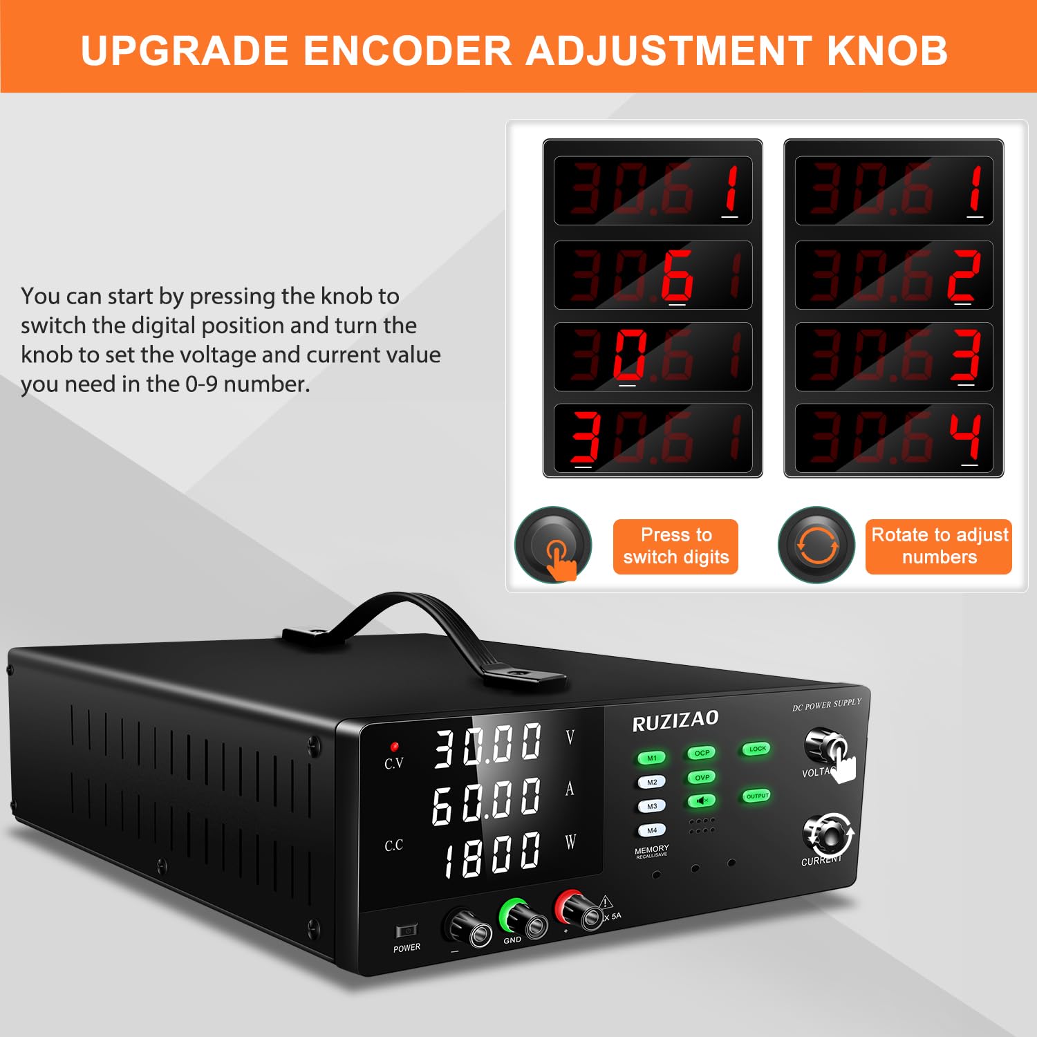 Labornetzteil, 0-30V 0-60A 1800W Hochleistungs-Labornetzgerät, DC Regelbar Netzgerät mit Ausgangsschalter, OCP und OVP, Memory-Funktion, Encoderregelung, 4-stellige LED-Anzeige, Lockout-Taste
