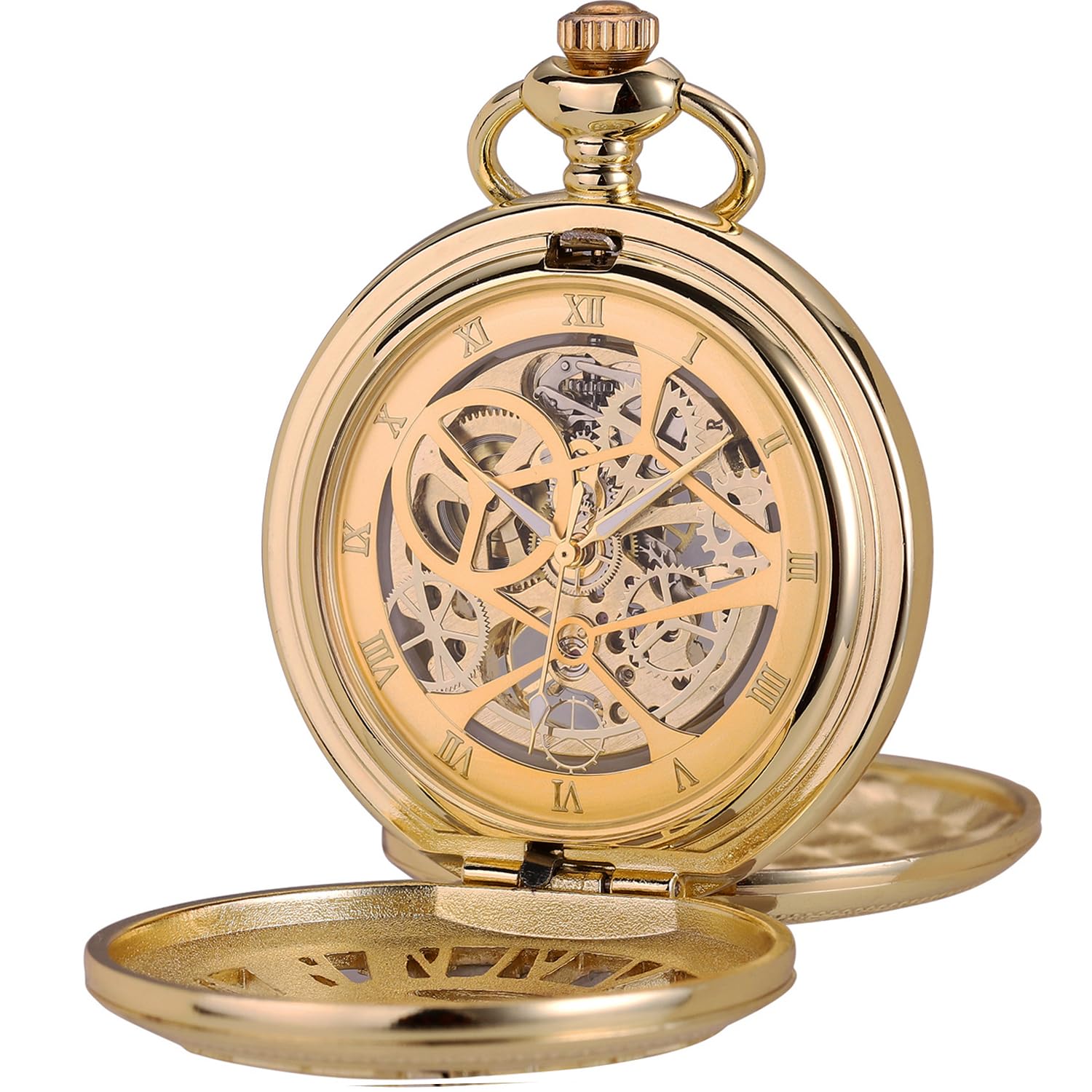 ManChDa Pocket Watch - Pocket Watches Chain Mechanical Double Cover Pocket Watches Steampunk Skeleton Antique Roman Numerals Wind Up Fob for Men + Gift Box | Gold