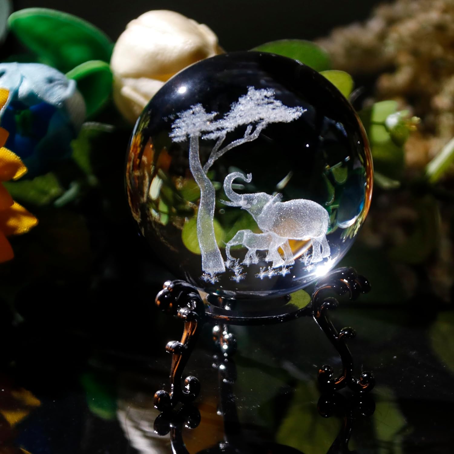 2.36in 3D Laser Crystal Elephant Parent-Child Figurines Crystal Ball Paperweight with Stand Base - 3D Laser Crystal Animals Gift Home Decor - Image 4