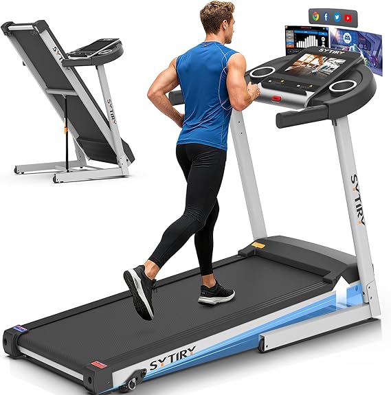 SYTIRY Incline Treadmills for Home with TV Screen and WiFi, 3.5HP Smart Walking Pad Treadmill with Incline, Heavy Duty Foldable Electric Running Machine with 10” Touchscreen, 3D Virtual Sports Scenes