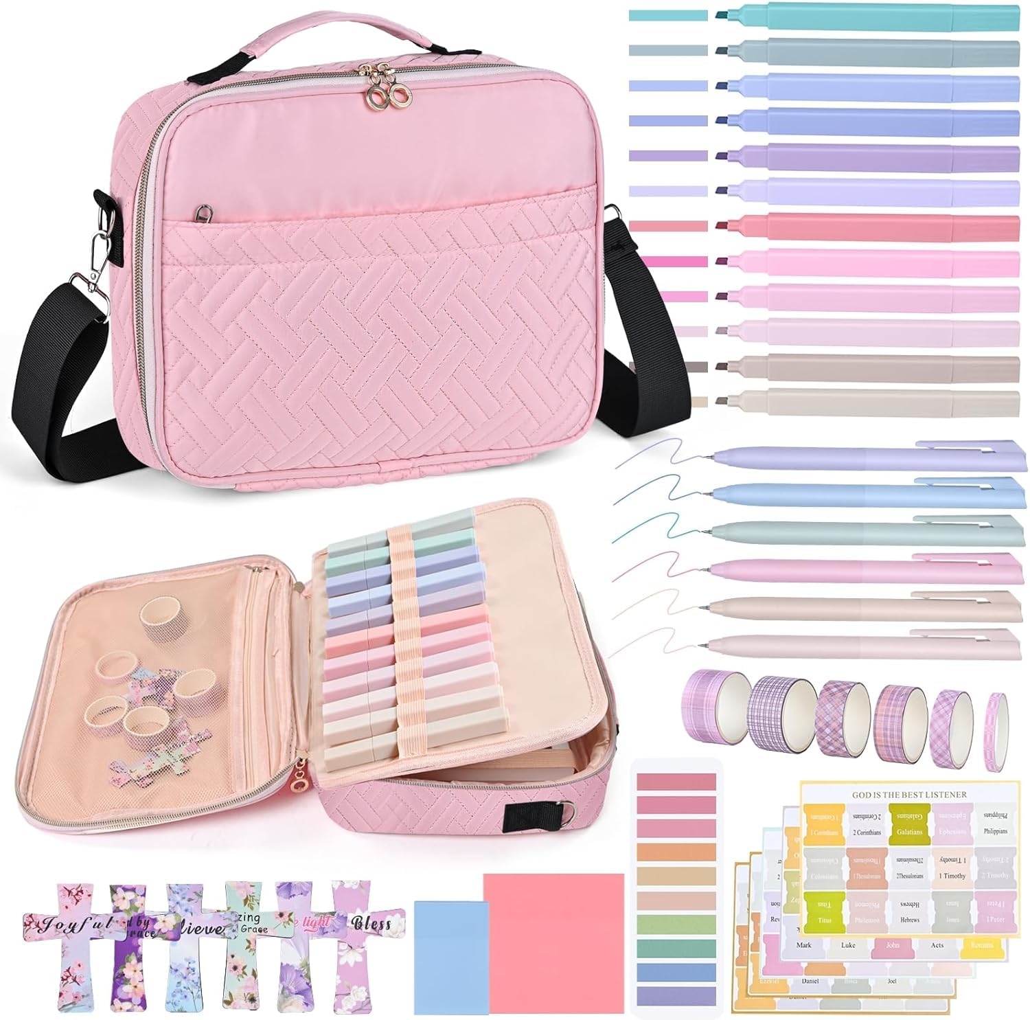 Yozbcfv Bible Cover for Women,Large Bible Bag with Shoulder Strap, Bible Study Supplies Carrier Includes Highlighters Tabs,Journaling Kit Case Packed