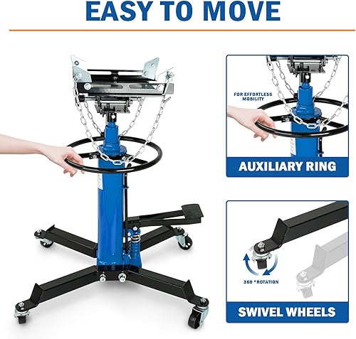 Miniatura 5 de Elevador de gato de transmisión de 1600 libras, gato telescópico hidráulico de alta elevación, telescópico ajustable de 2 etapas con pedal y ruedas