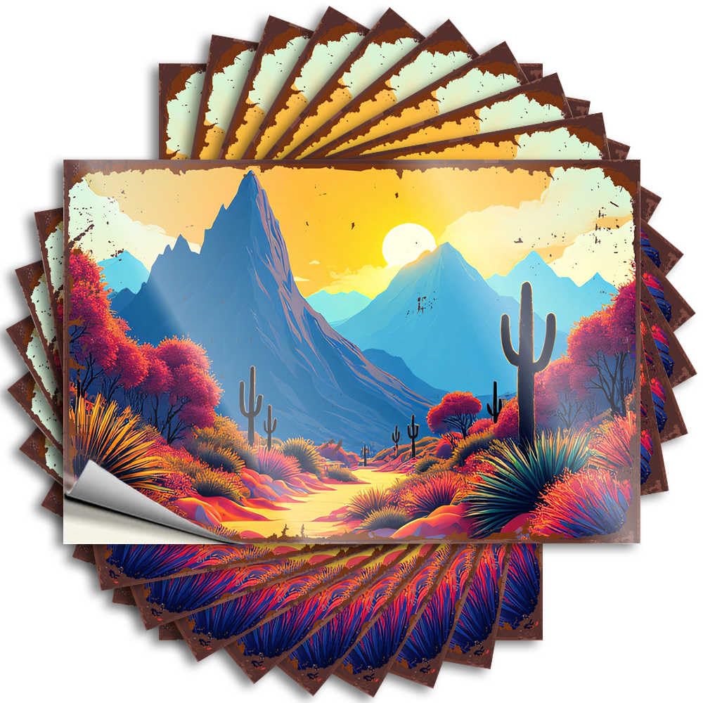 Tattoos Bedroom Stuff Easy Apply | Desert Sunset: A Vibrant Landscape with Cacti and Mountains Cats Case Peel and Stick(6X9CM)