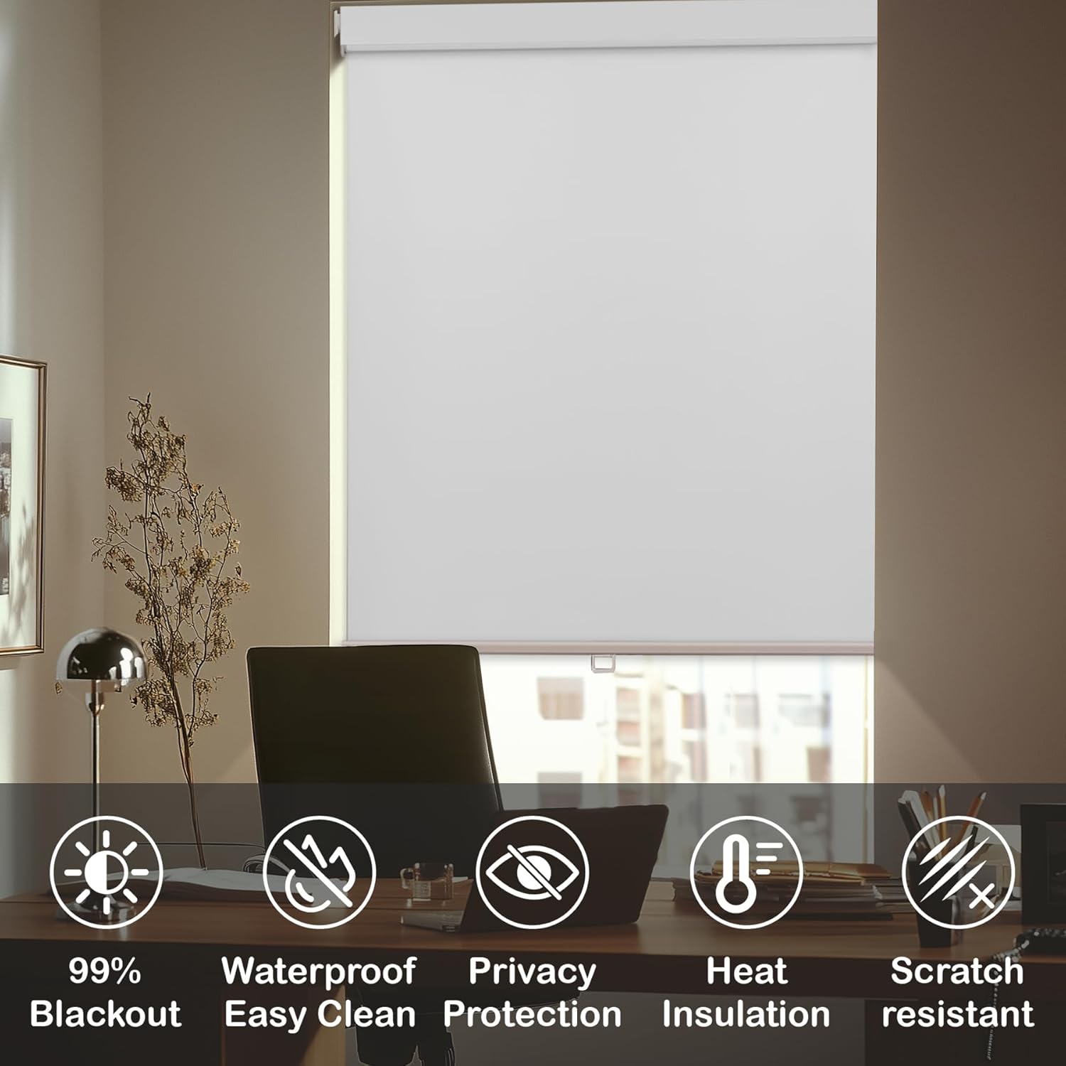 HESTIA No Drill Cordless Blackout Roller Shades with Valance Waterproof Privacy Blinds for Shower Window, Screwless UV Protection Fabric for Bathroom/Kitchen/Office/Exterior, White, 23" W X 36" H