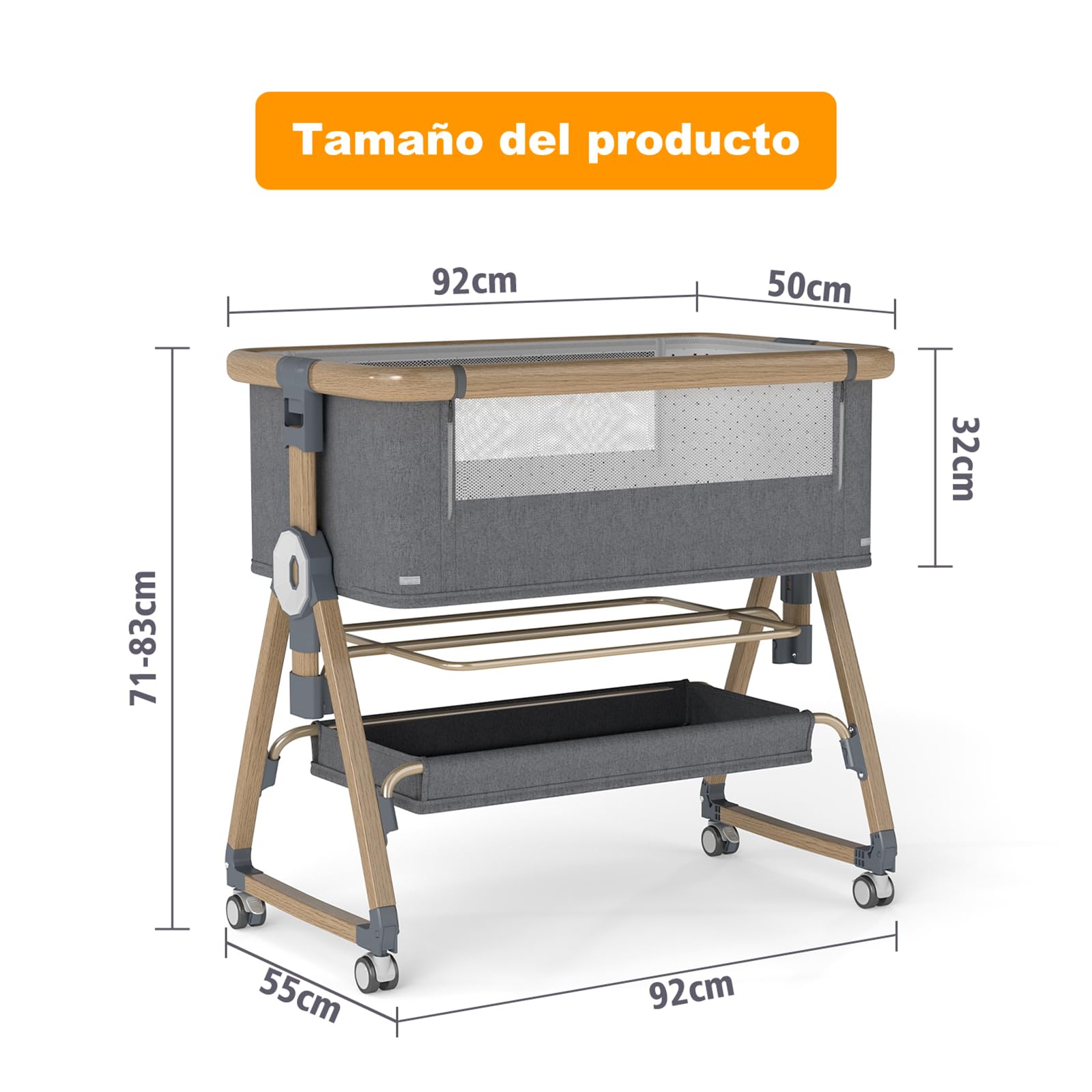 Cuna 3 en 1, Cuna de colecho,Crib Mecedora, Ajuste de Altura e inclinación del colchón (Color veta de Madera)