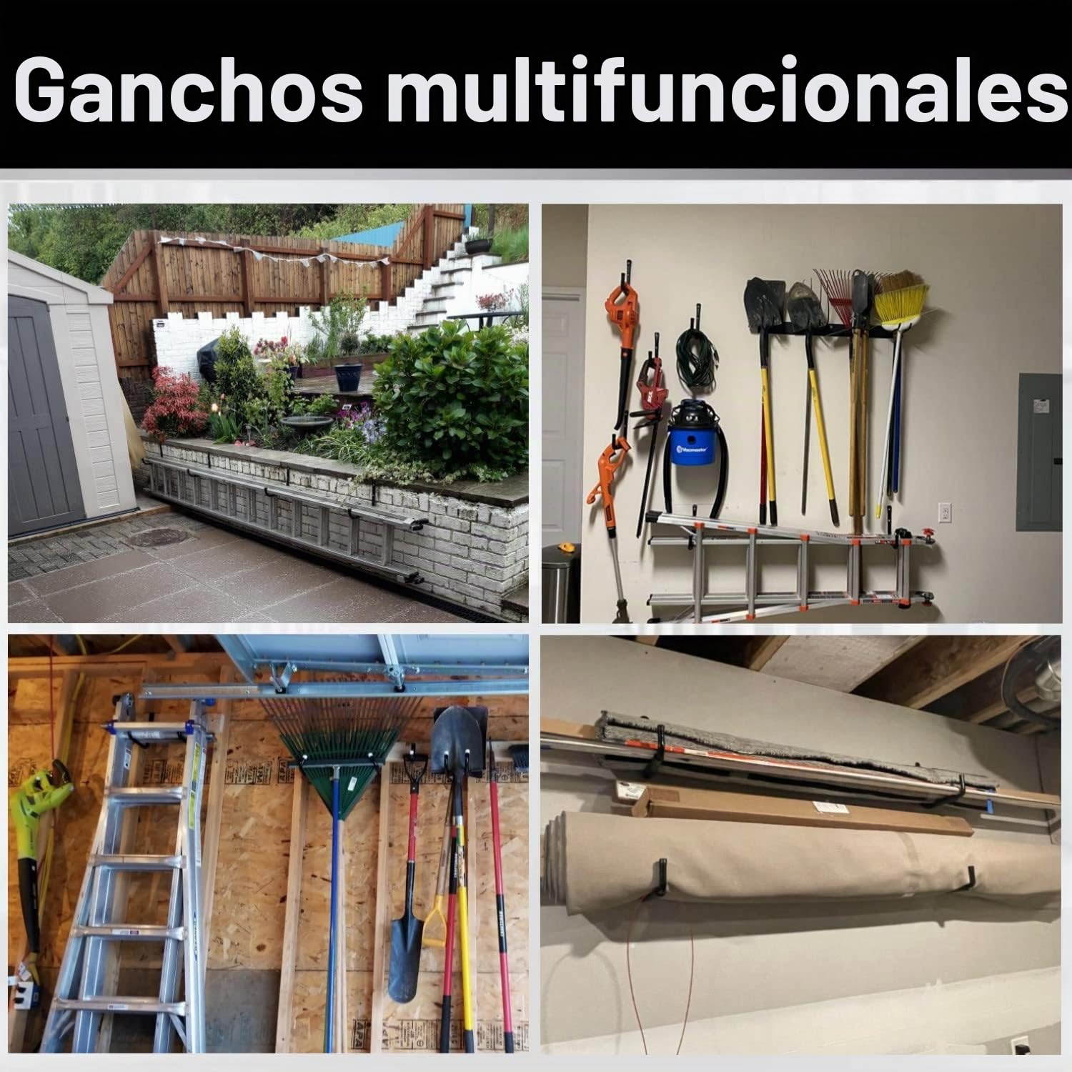 Ganchos para Escaleras de Almacenamiento de Garaje, 24CM/9,5 Pulgadas Estante de Utilidad de Brazo Jumbo Resistente para Herramientas de Jardín, Tablas de Surf, Sillas Plegables