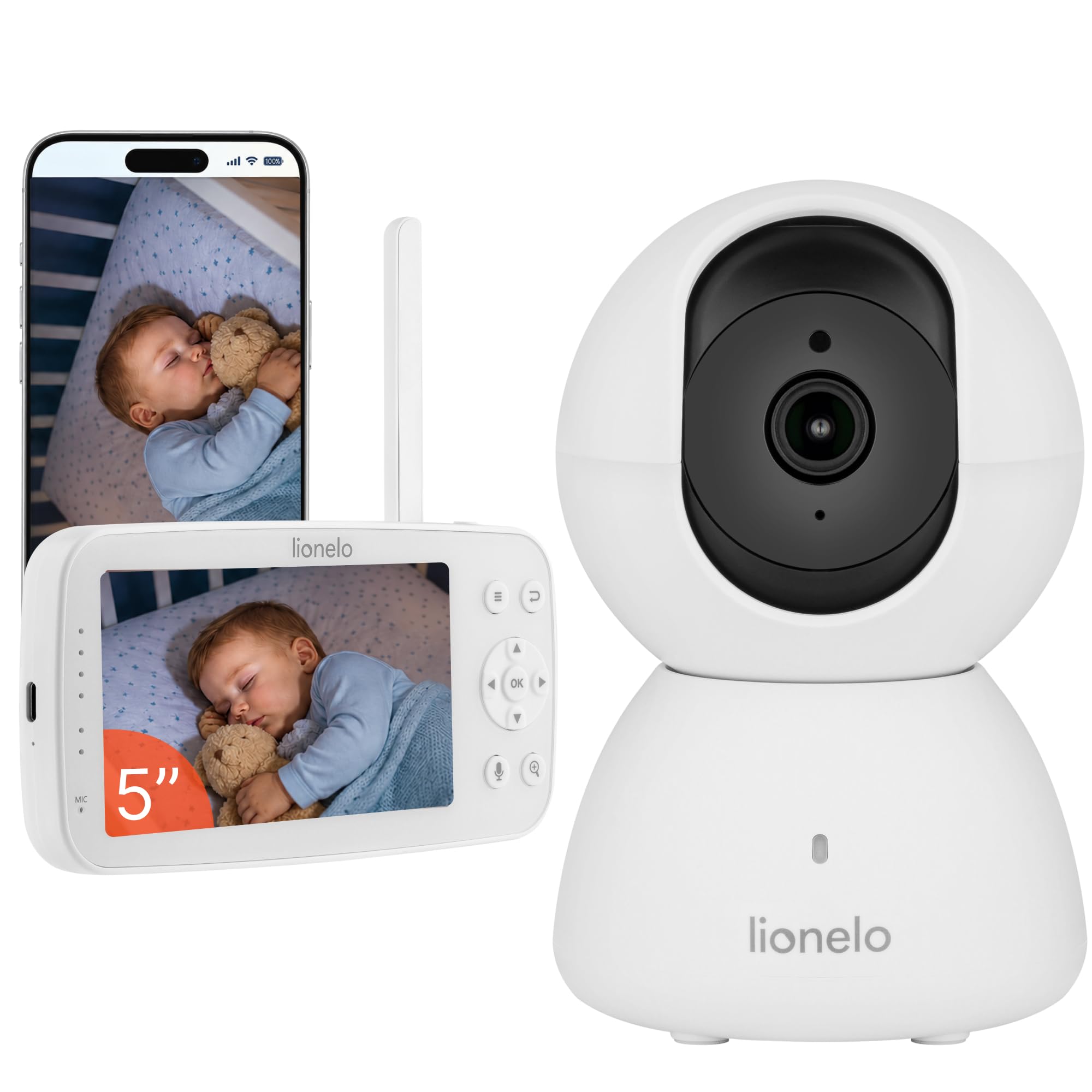 lionelo Babyline 8.4 Camara Vigilancia Bebe, Vigilabebes Full HD con App, Monitor 5", WiFi, Vision Nocturna IR, Deteccion De Movimiento y Llanto, Audio Bidireccional, 300 m, Temperatura