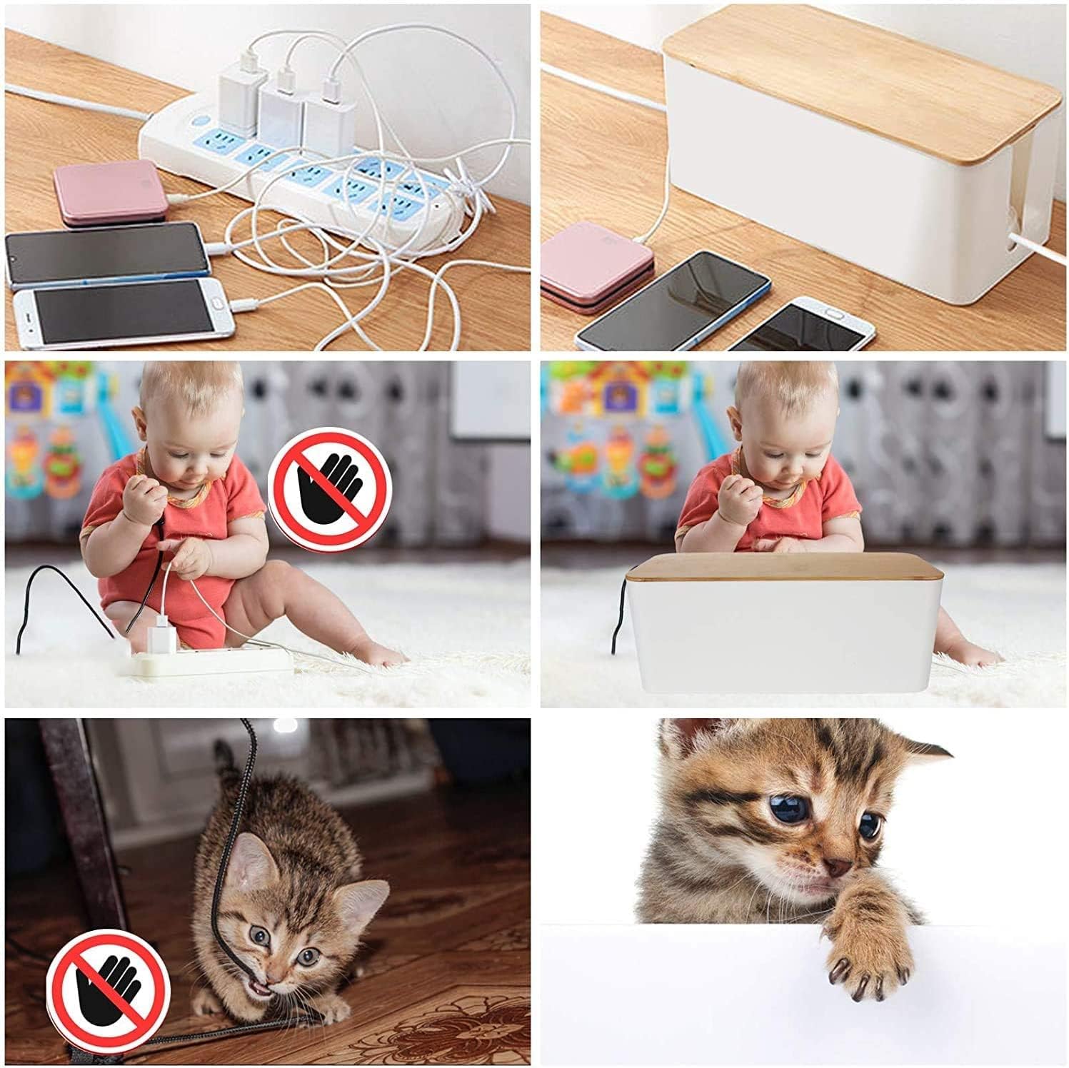 ASelected 3 Piezas Caja Organizadora Cables Tapa Madera Tapa Bambú Blanco | Organizador de Cables para Escritorio, Salón y Dormitorio, Caja para Esconder y Ocultar la Regleta con Bridas