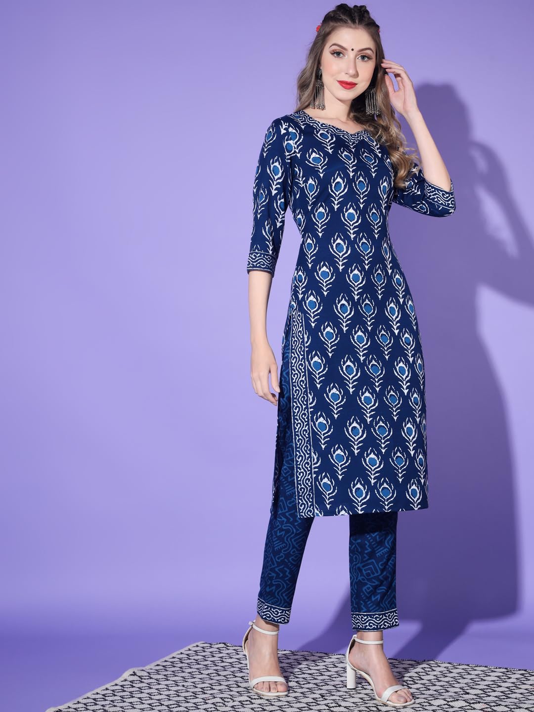 KULIA® Etniczna Kurti ze spodniami Tradycyjna sukienka dla kobiet Coctail Party Wear Projektant Kurtis Zestaw Ubrania indyjskie Casual Dress Haft Praca Tkanina ze sztucznego jedwabiu Kobiety Kurti