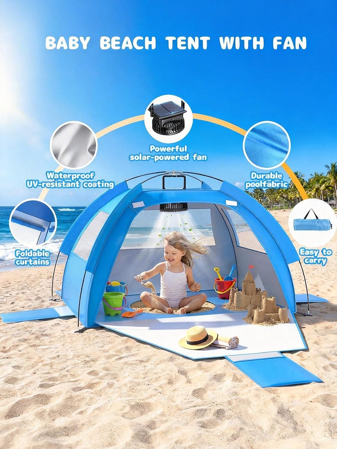Baby Beach Tent with Solar Cooling Fan, Anti-UV Toddler Sun Shelter, Portable Shade with Built-in Ceiling Fan, Sun Shelters Toddler Beach Essentials