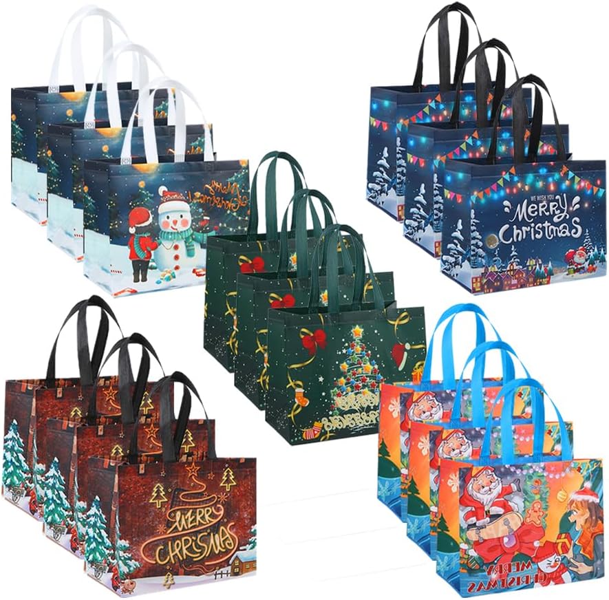 15 Packs Christmas Party Gift Bags, Reusable Christmas Tote Bags,Xmas