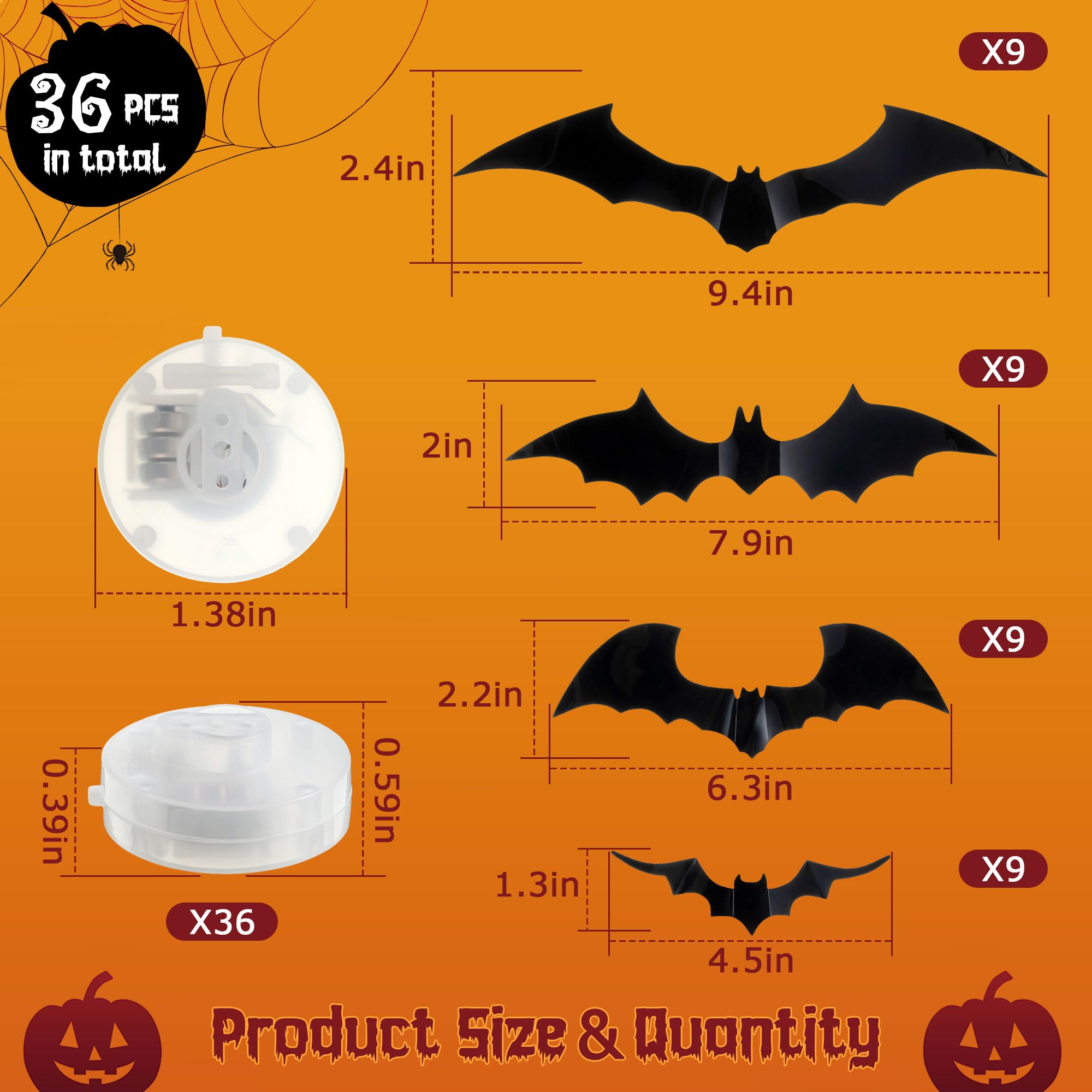 Hiboom 36 Pcs Halloween Decoration LED Bats Light Wall Decor, 3D Halloween Decor Bats Sticker Light, 4 Sizes Bat Stickers for Halloween Home Decor Indoor Party Room Decorations (Orange,Purple)