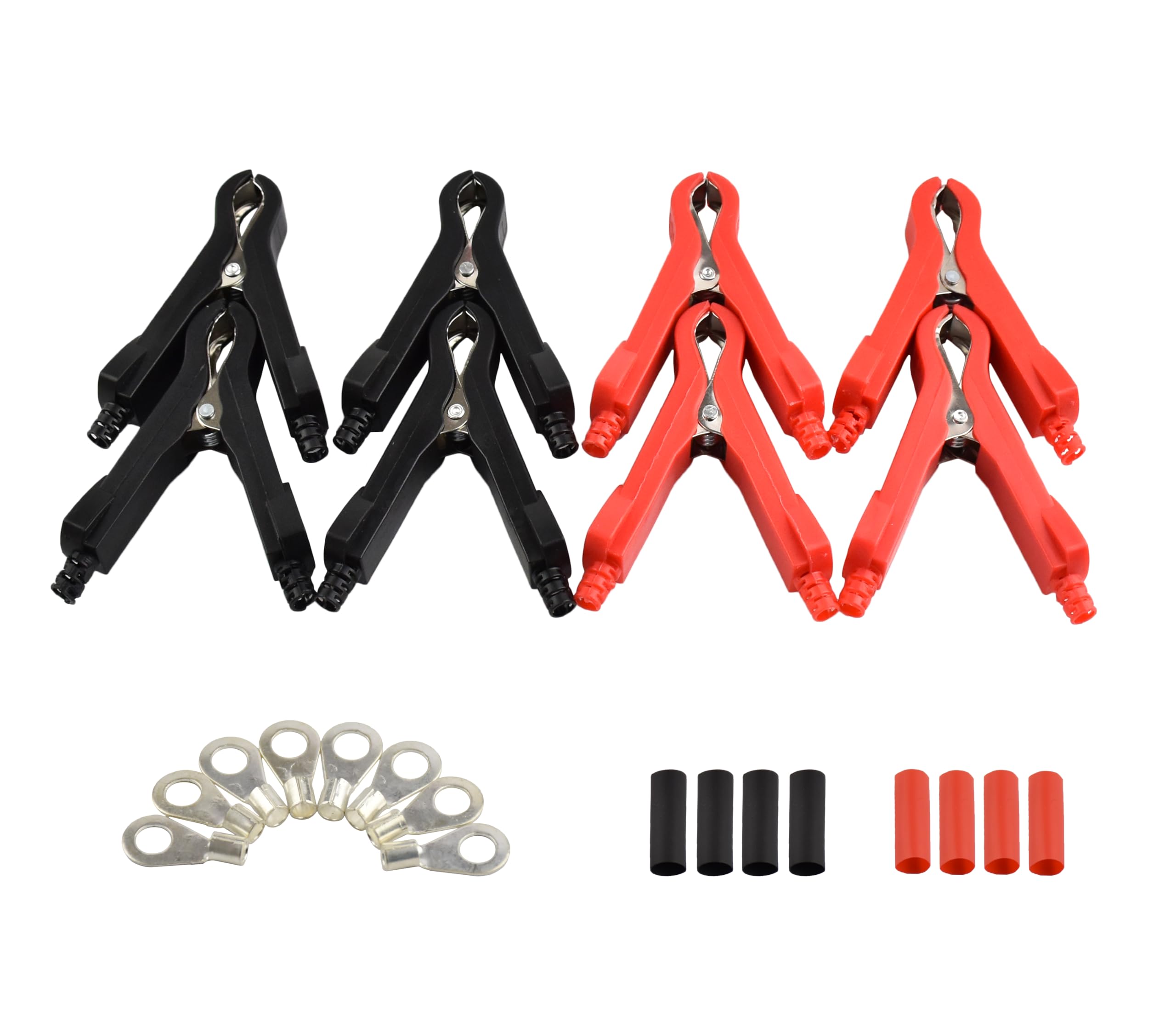 Heavy Duty Alligator Clamps 4 Pairs, Jump Cable, Battery Charger, Inverter, car Audio Clips Clamps with 8pcs Installing terminals, Shrinking Tubes Ideal for 8/10/12/14 Gauge Cables (20A)