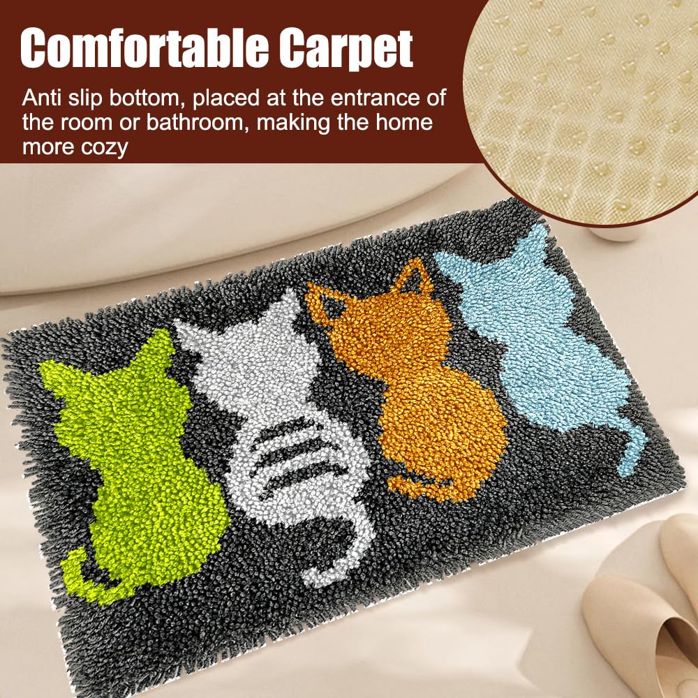 MiOYOOW Kit Tappeto con Uncinetto, Set di Tappeti con Motivi di Gatti con Gancio, Decorazioni per Casa Regalo Ricamo a Motivo Prestampato di Gatto