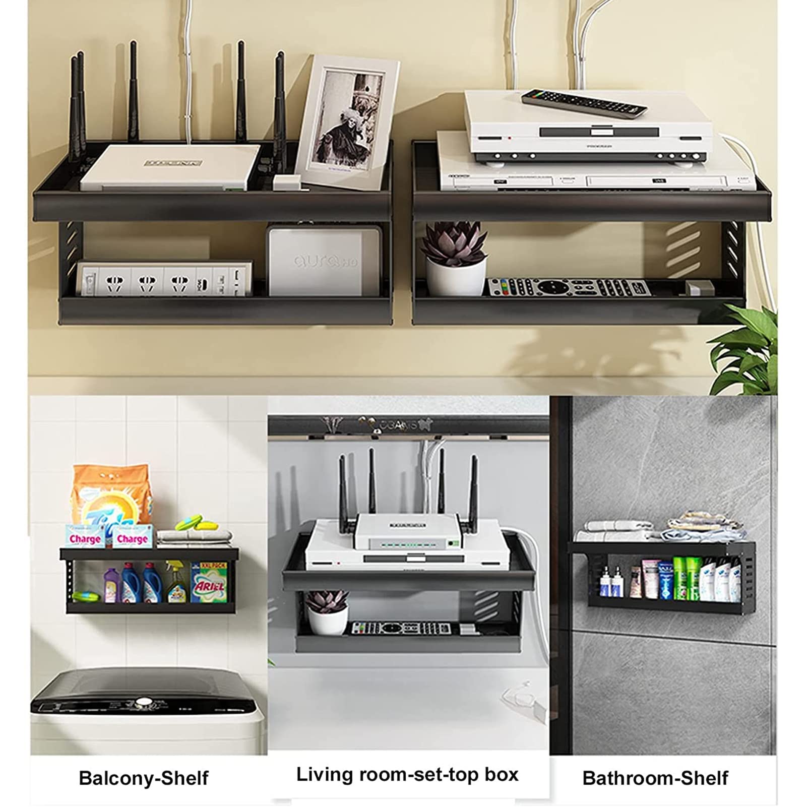 Supporto da parete per console multimediale flottante, mensola TV per decoder via cavo, router, scaffale portaoggetti con divisorio, ideale per proiettori, set top box, console di gioco e libri, 50 x