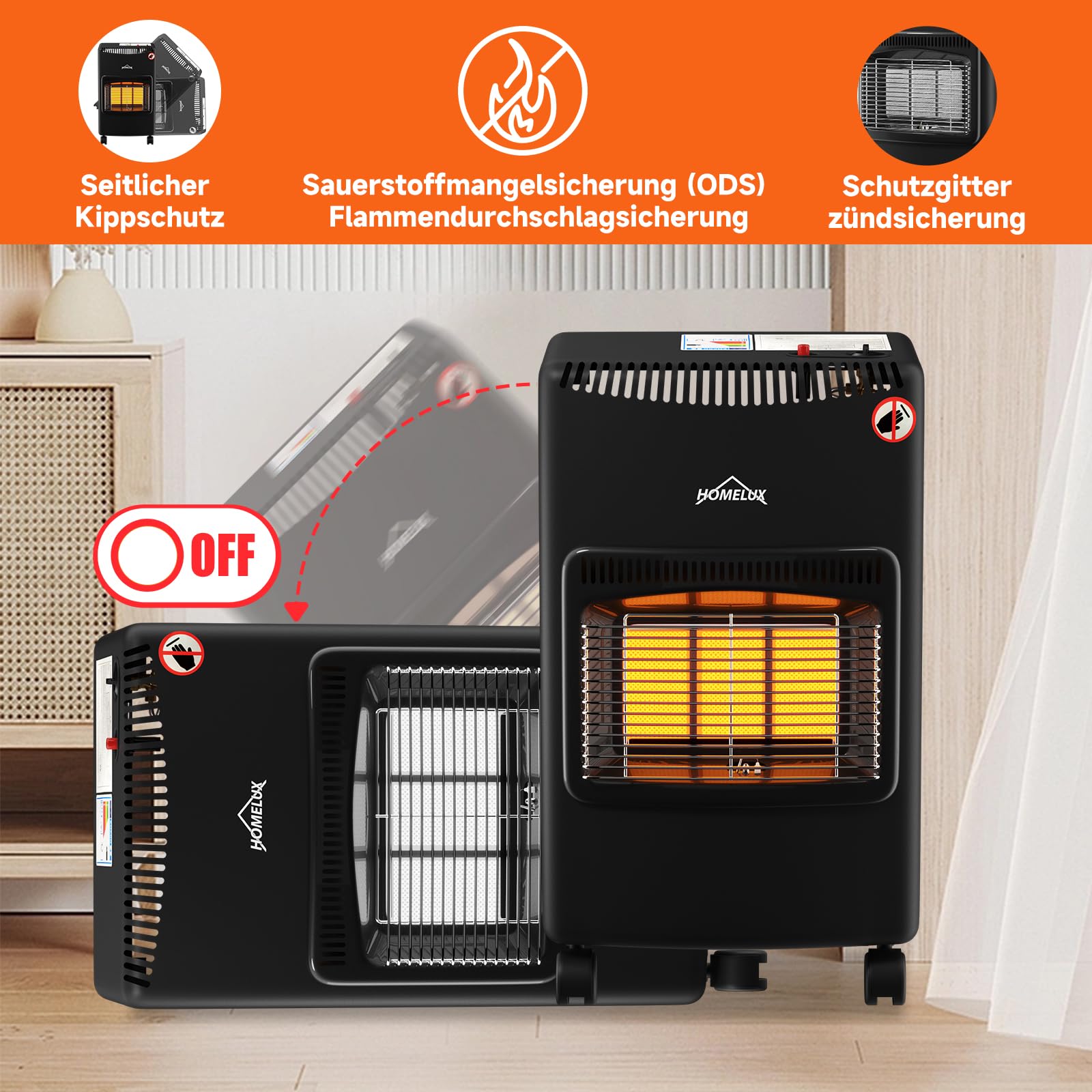 HOMELUX Gasheizung für Innenräume 4200 W Gasheizung, gasofen für innenräume inkl. Schlauch und Druckminderer,Infrarot Keramikbrenner,Heizstrahler,Butan- oder Propangasflaschen bis 15kg