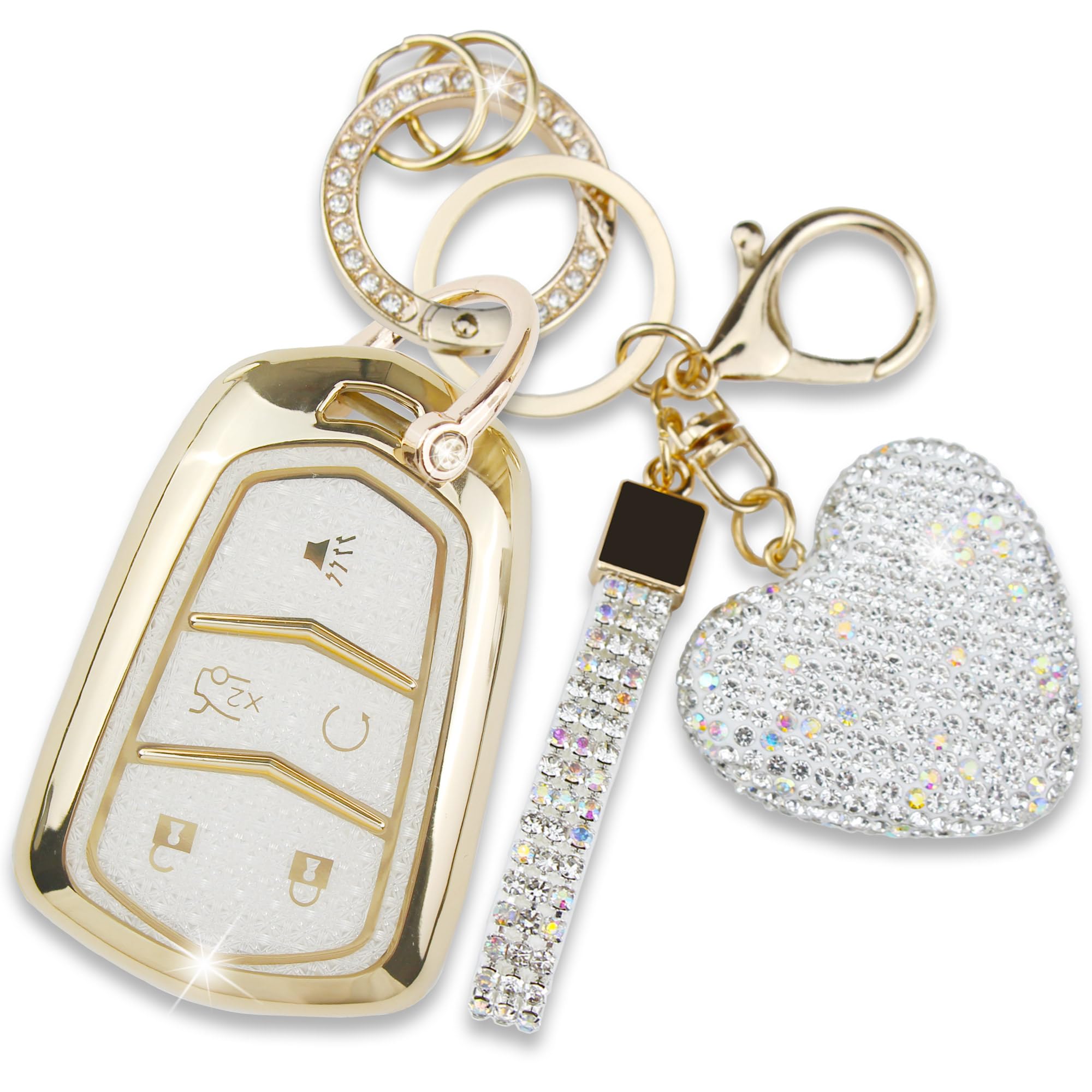 Simocky Compatible with Cadillac Key Fob Cover with Heart Keychain for Women, Compatible with Cadillac Escalade ATS CTS STS SRX XT5 CT6 Smart Remote