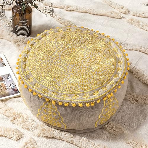 Sunshine Yellow Embroidered Ottoman Pouf Handmade Pouf Ottoman with Removable Cover Embroidered Pouf Ottoman Easy to Clean and Maintain by Eyes Of Gypsy