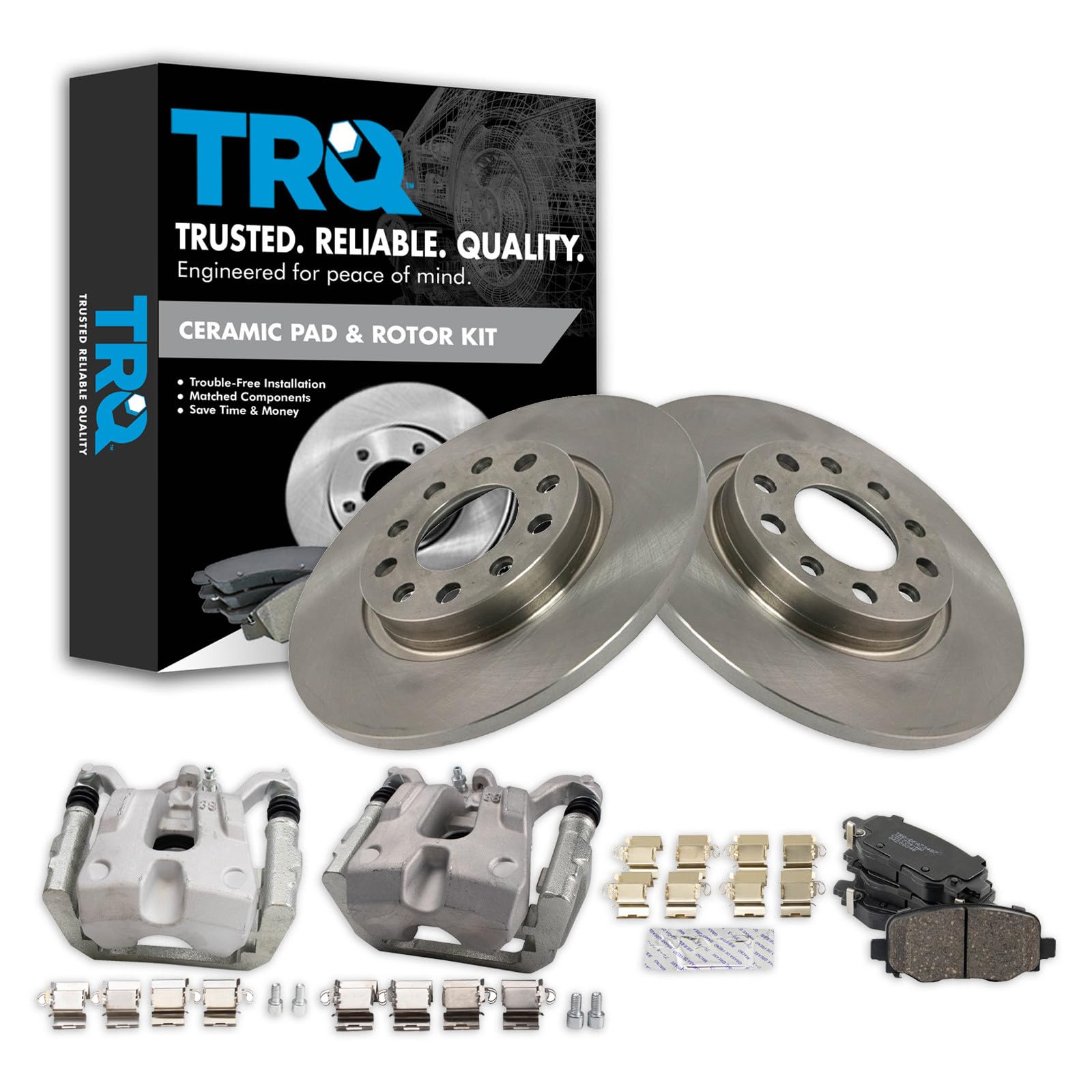 TRQ Rear Brake Pad and Rotor Set Ceramic Solid Rotors Calipers