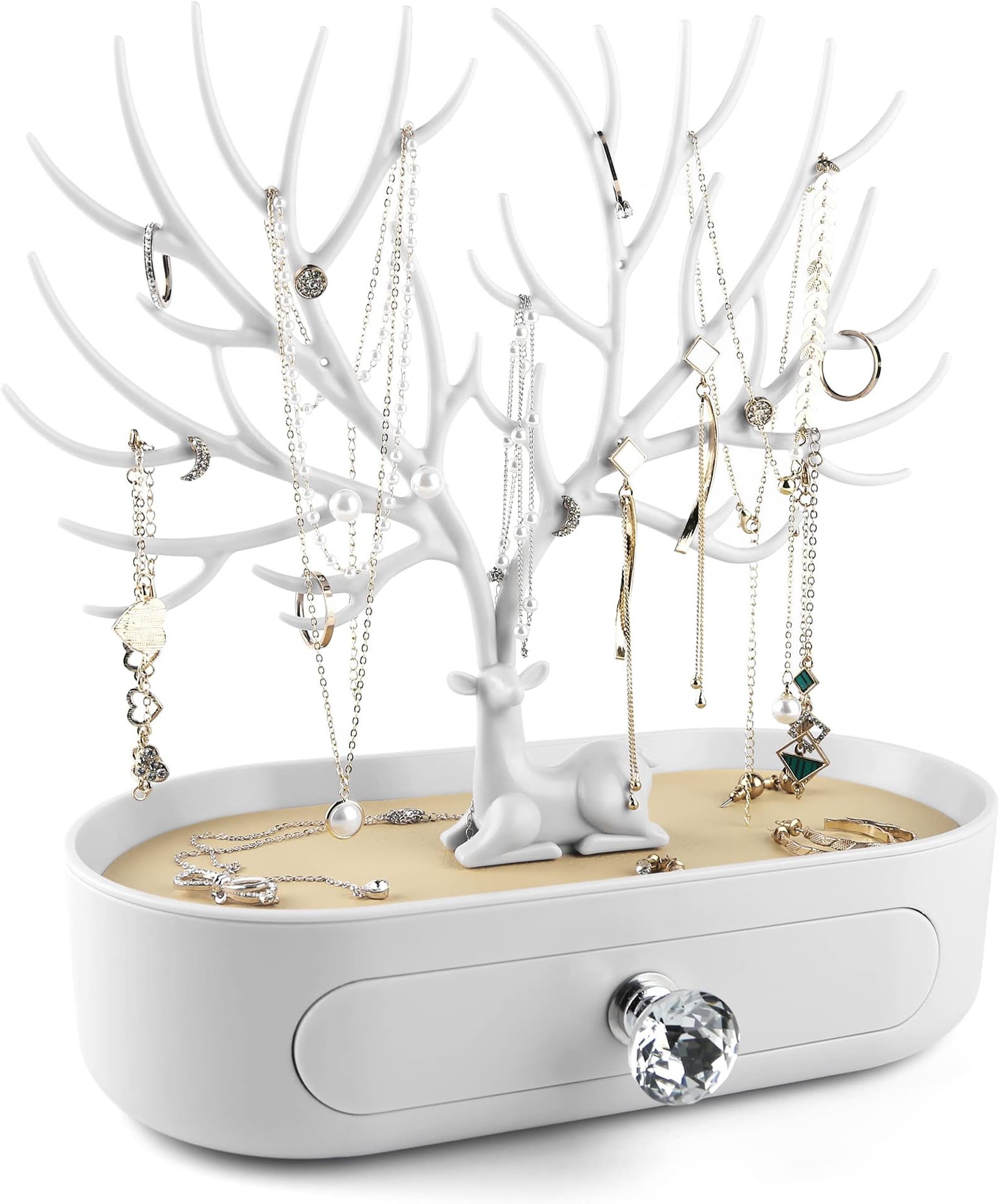 MORE&LESS Antlers Jewelry Display Stand with Drawer and Crystal Handle, Tree Tower Rack Hanging Organizer for Ring Earrings Necklace Bracelet