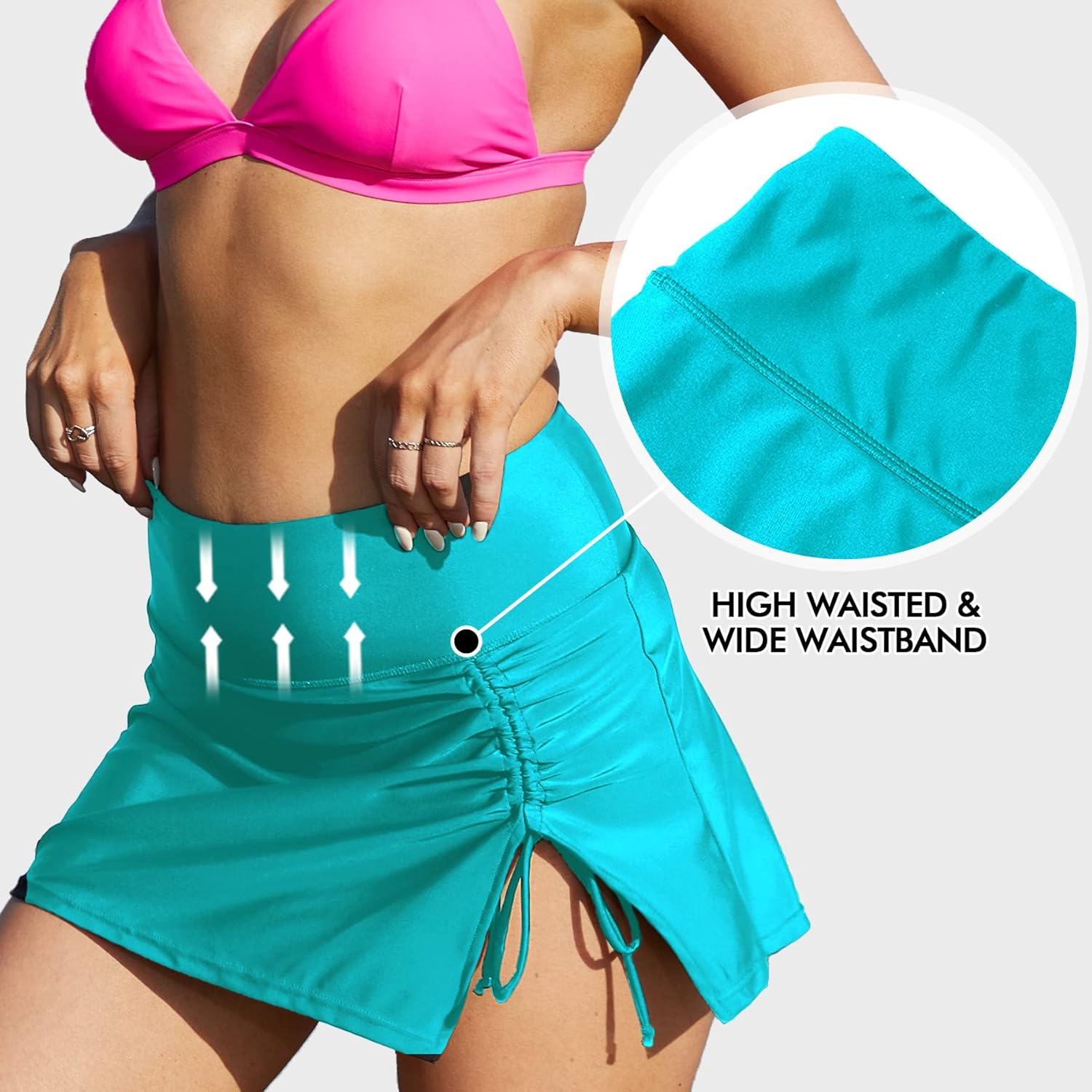 ALove Womens High Waisted Split Swim Skirt Sporty Drawstring Skirted Swim Bottom with Built-in Panty - Image 7