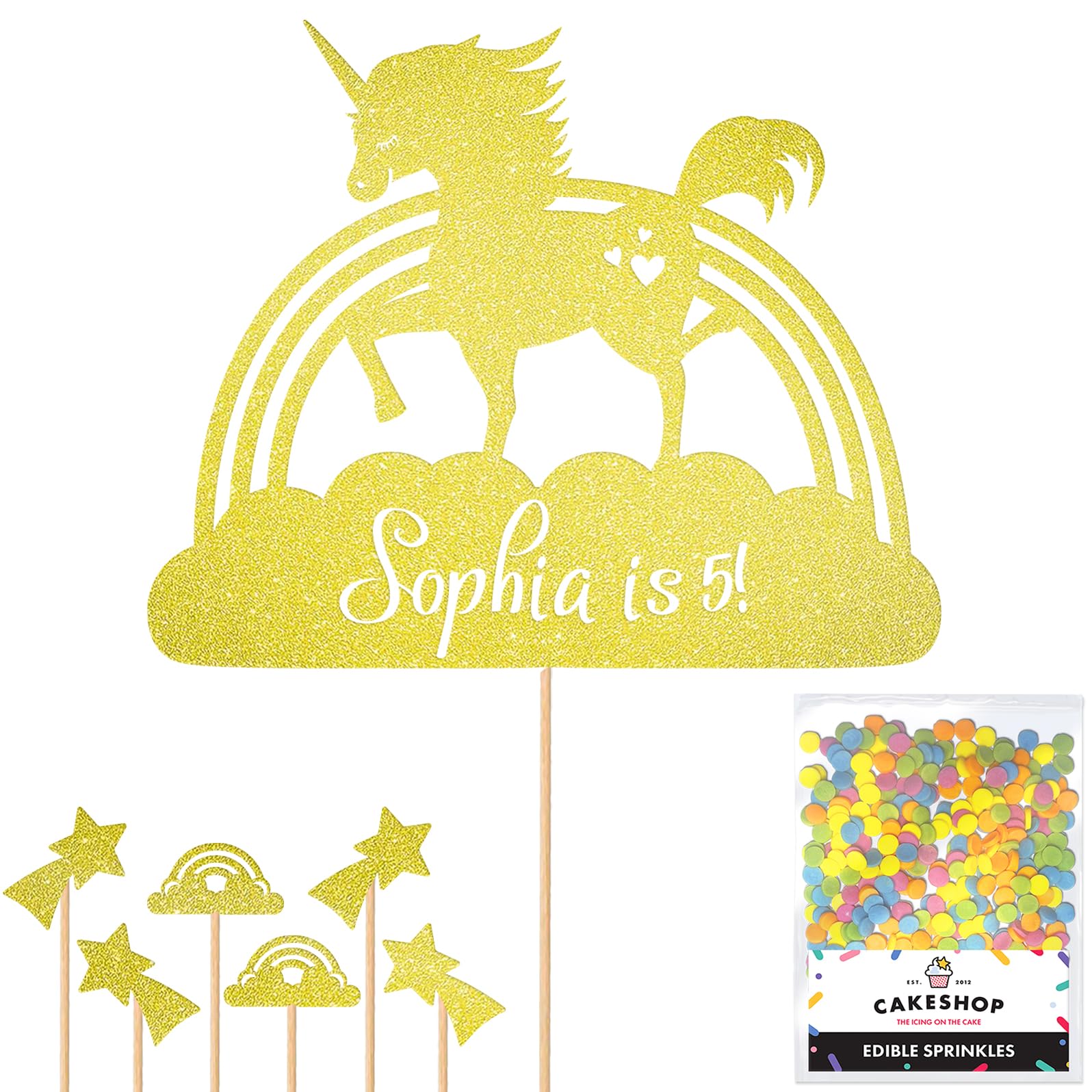 Personalised Unicorn Rainbow Glitter Cake Topper- Champagne Any Custom Age & Name Glitter Cake Decoration and Sprinkles - Happy Birthday Decorations - Personalised Toppers for Cakes by Cakeshop — image 1