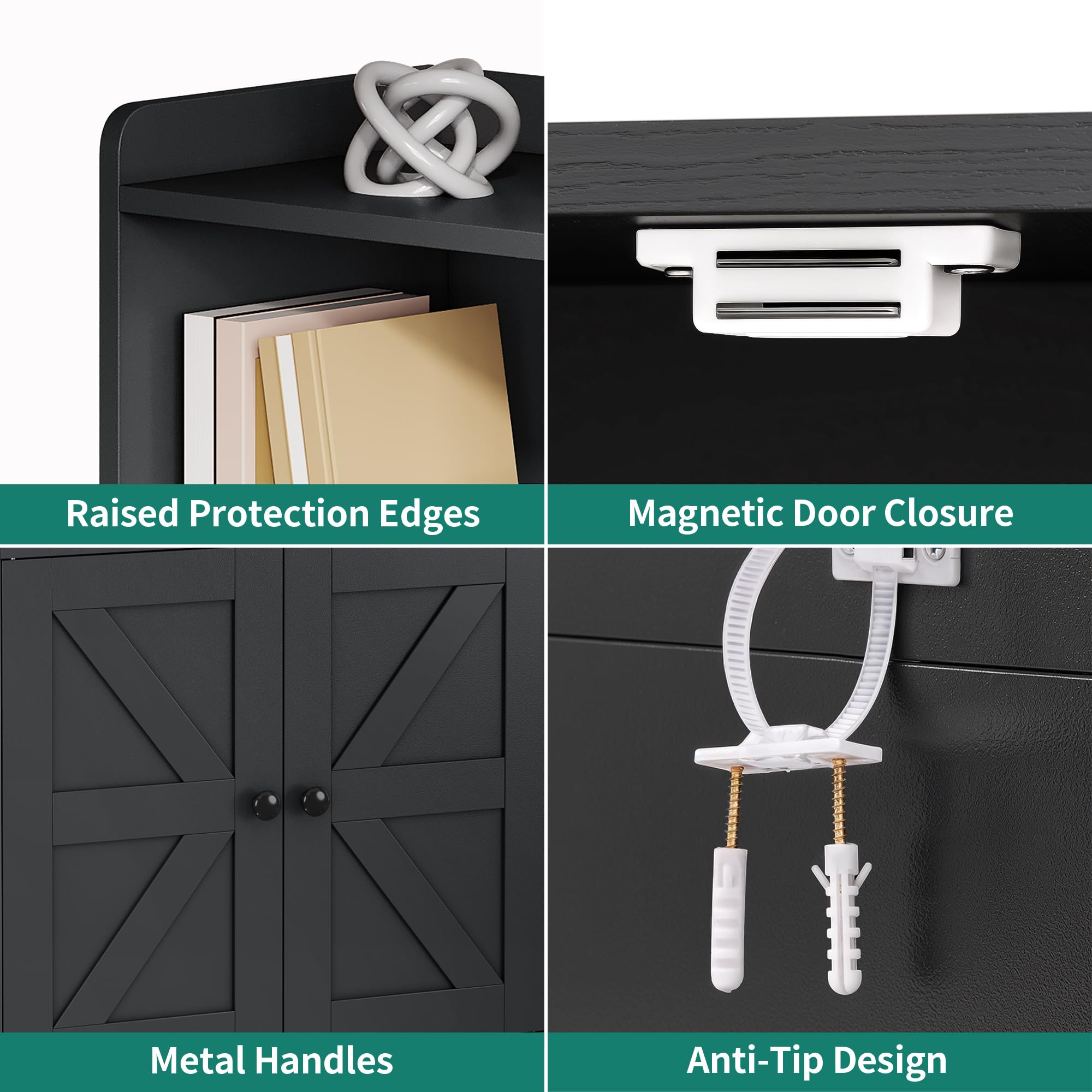 YITAHOME Bibliothèque à 4 Niveaux avec Portes et Placard, étagère de Rangement sur Pied, Compartiment Ouvert, idéale pour la Maison, Le Bureau, Le Salon ou la Chambre, Noire, 60 x 30 x 159 cm