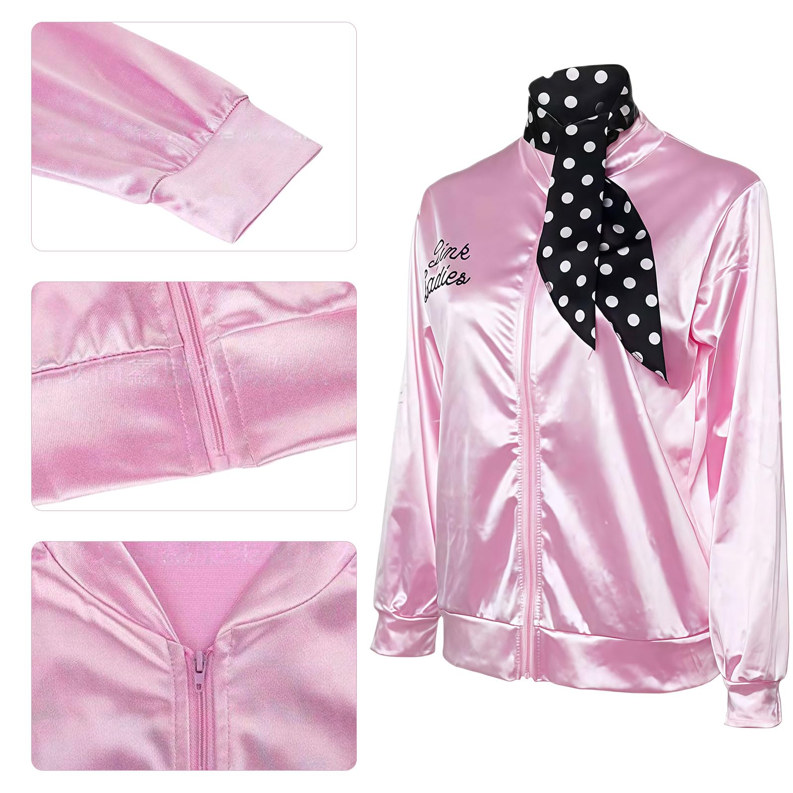 MUNSKT Pink Lady Jacket,Women Fancy Dress Costumes,1950S Costume Outfits,50s Pink Ladies Jacket with Accessories Halloween Cosplay Costume (M) - Image 4