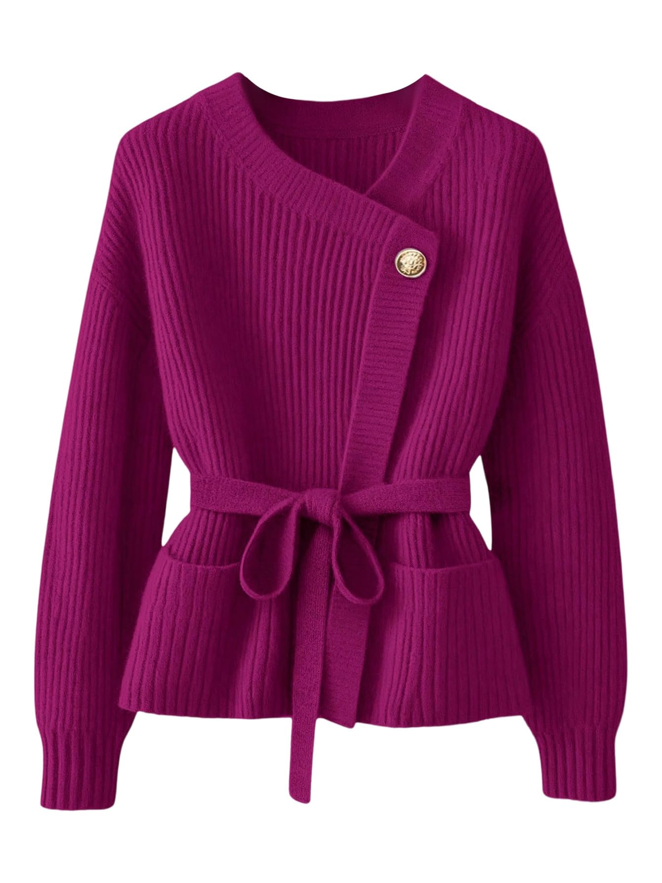 SOLY HUX Womens Long Sleeve Cardigan Sweater Asymmetrical Neck Knit Belted Cardigans with Pockets