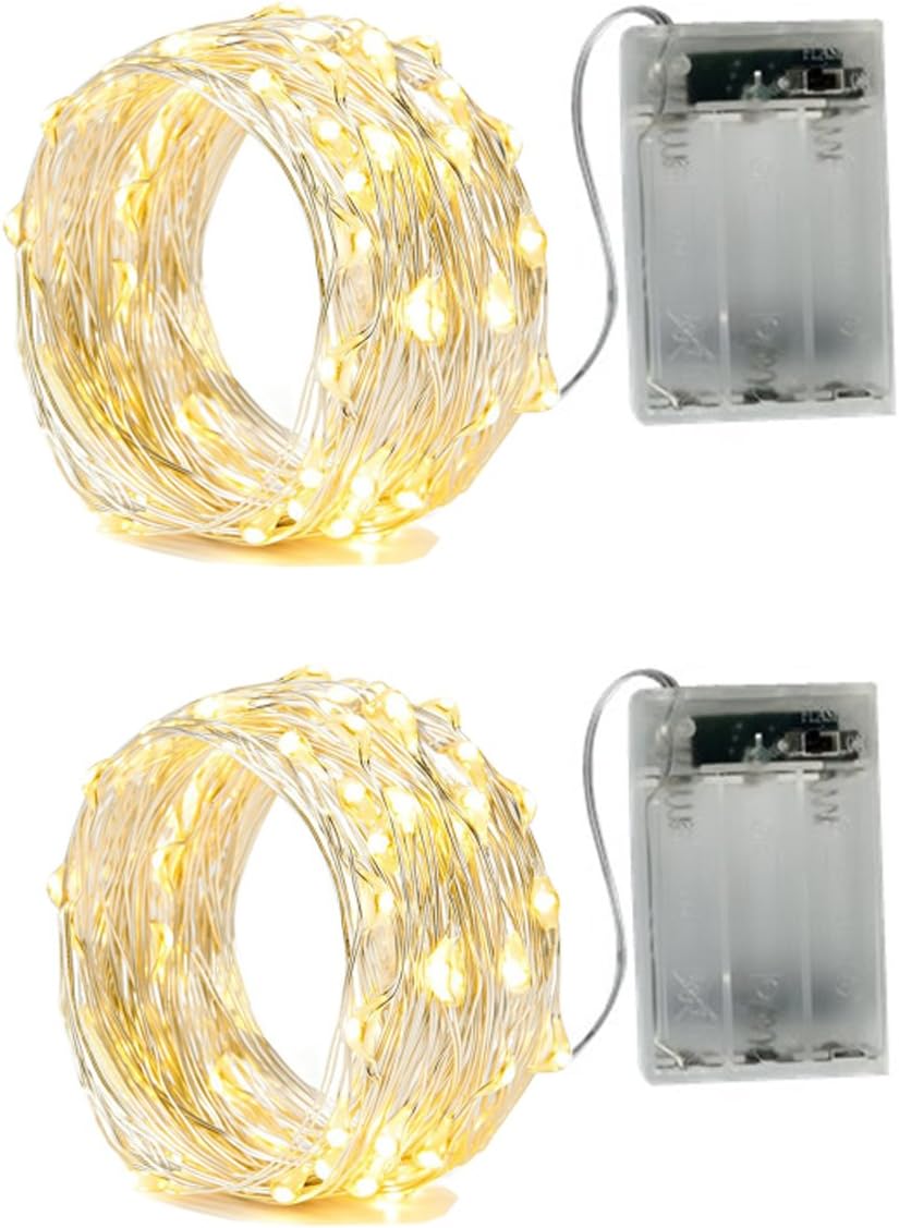 2 x Fairy String Lights Battery Operated, Silver Wire 2 Mode Chains 2 Meter