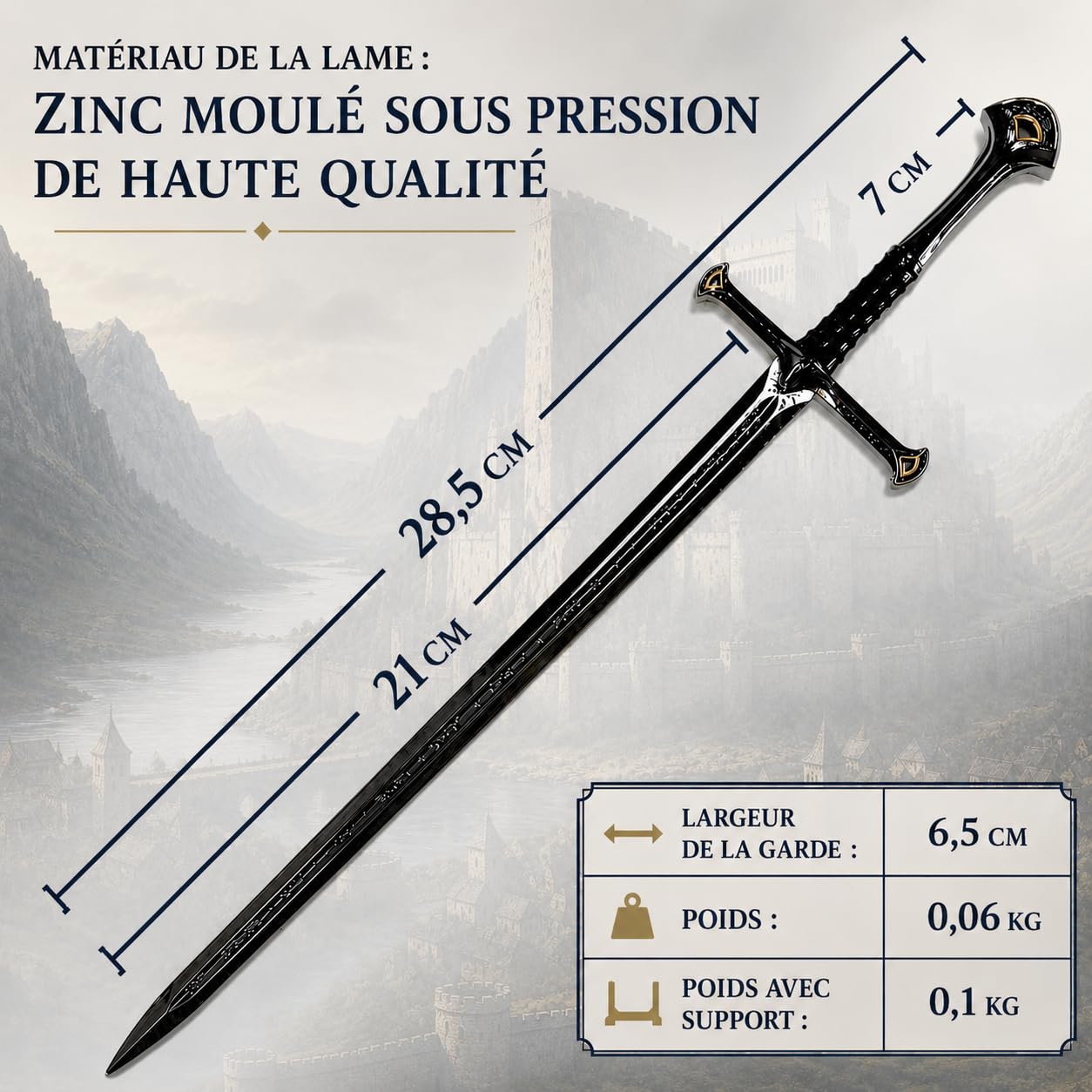 Le Seigneur des Anneaux Anduril Épée XL Ouvre-lettres avec fourreau 30 cm | "Flamme de l'Ouest" d'Aragorn en métal | Réplique du Moyen-Oeuvre & Décoration de bureau | Cadeau Fantaisie