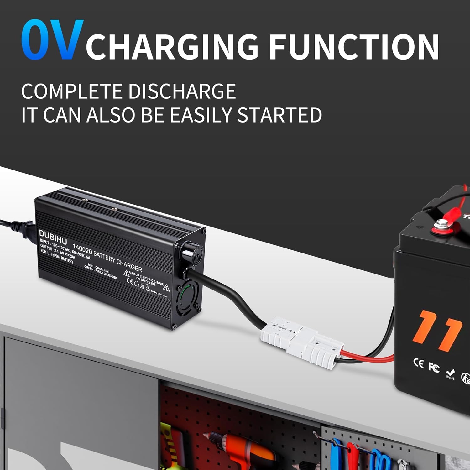 14.6V 20A LiFePO4 Battery Charger, Suitable for RV, Marine, and 12V LiFePO4 Batteries, with 50A Anderson Connector, Includes Anderson to M8 Ring Terminal Adapter, US Plug (12v20a-IP65)