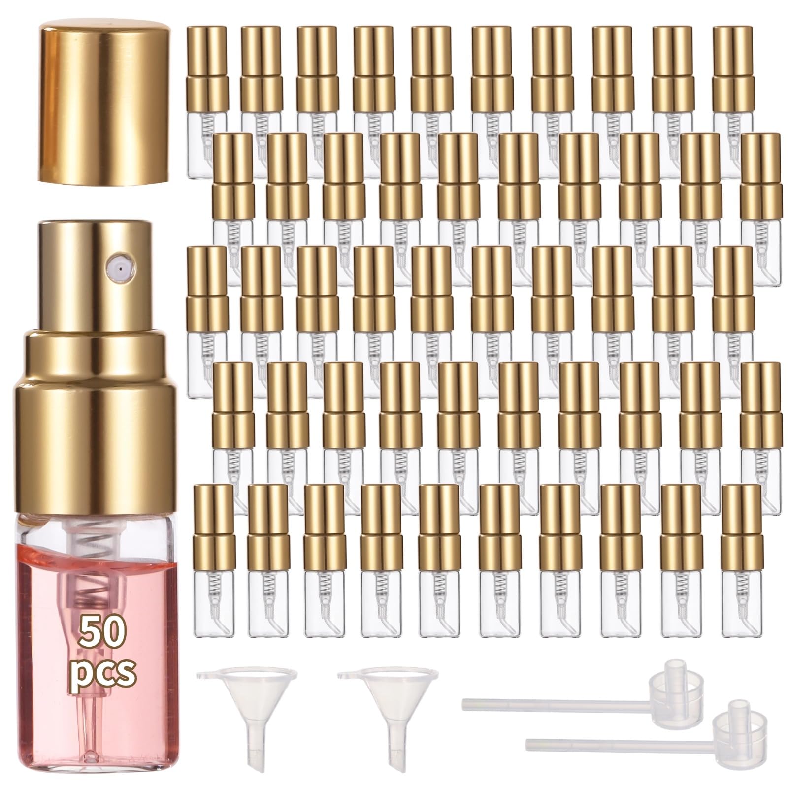 50 mini flaconi spray da 2 ml, ricaricabili, in vetro, per profumo, da viaggio, contenitori portatili per campioni con tappo, atomizzatori per nebbia fine, include 2 imbuti e 2 dispenser, oro