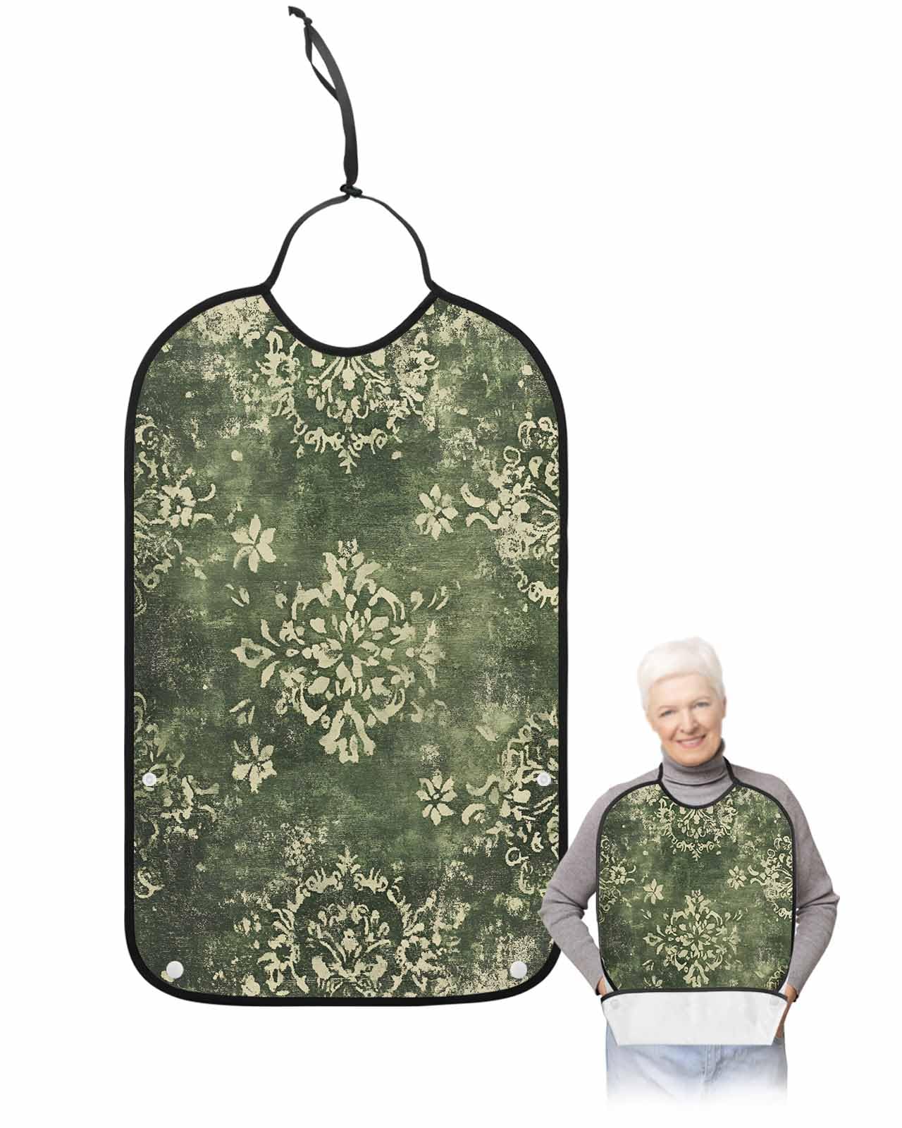 Traditional Green Adult Bib for Adults Men, Women, Boho Ethnic Oriental Rustic Floral Washable & Adjustable Terry Cloth Bib with Crumb Catcher Reusable Waterproof Clothing Clothes Protector Apron