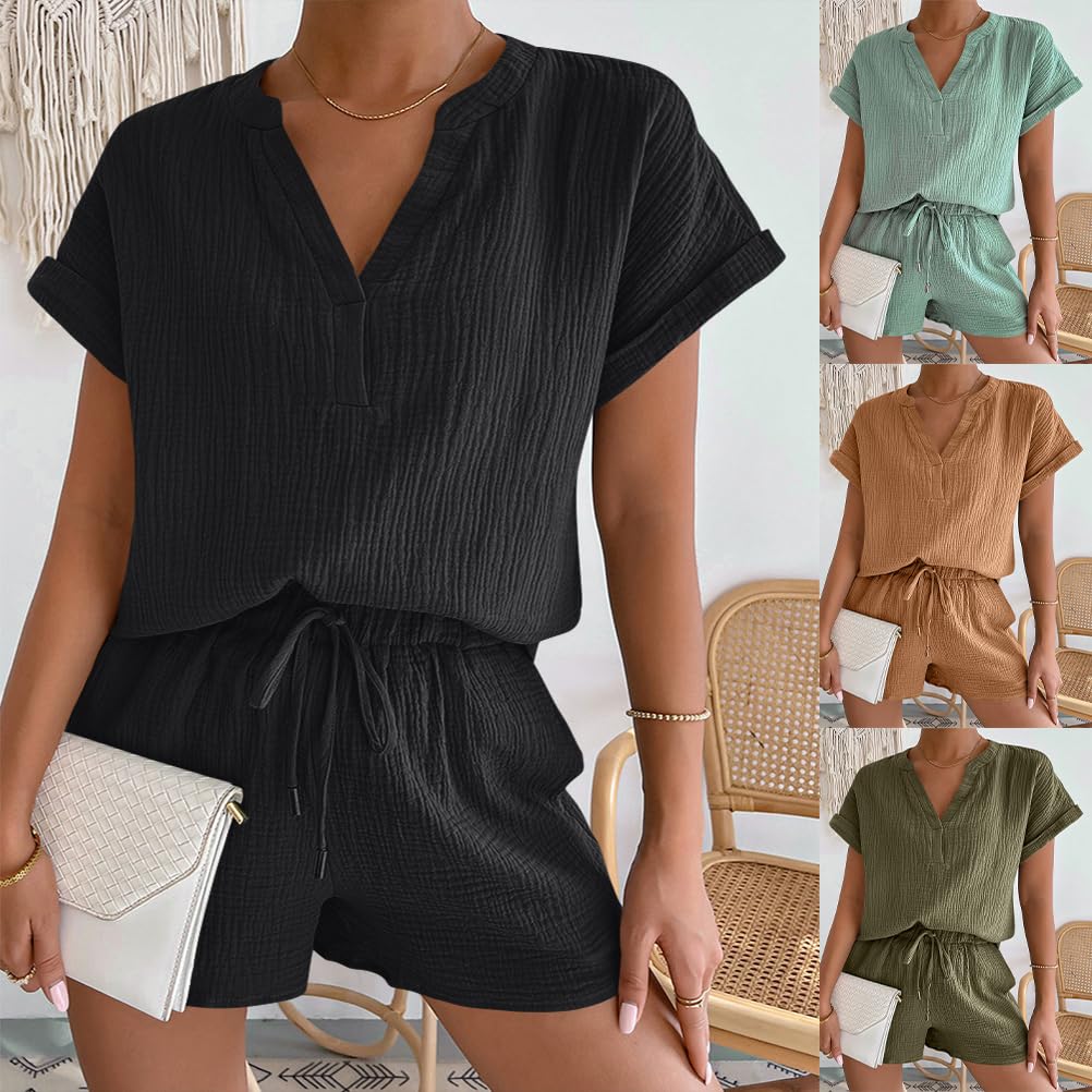 Onsoyours 2 Pièces Ensemble Survêtement Femmes Été Décontractée Couleur Unie Sweatshirt Manche Courte Shorts avec Cordon Poche Lâche Lin Col en V Sportswear Suit pour Vacance Travail Plage
