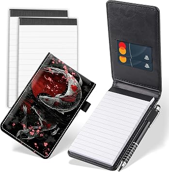 4 Pcs Mini Pocket Notepads Holder Set, Japanese Koi Fish PU Leather Small Notebook Cover Memo Holder with 2 Card Slots Plus 1 Stylus Pen and 2 Packs Memo for Business Travel Meeting Daily Records