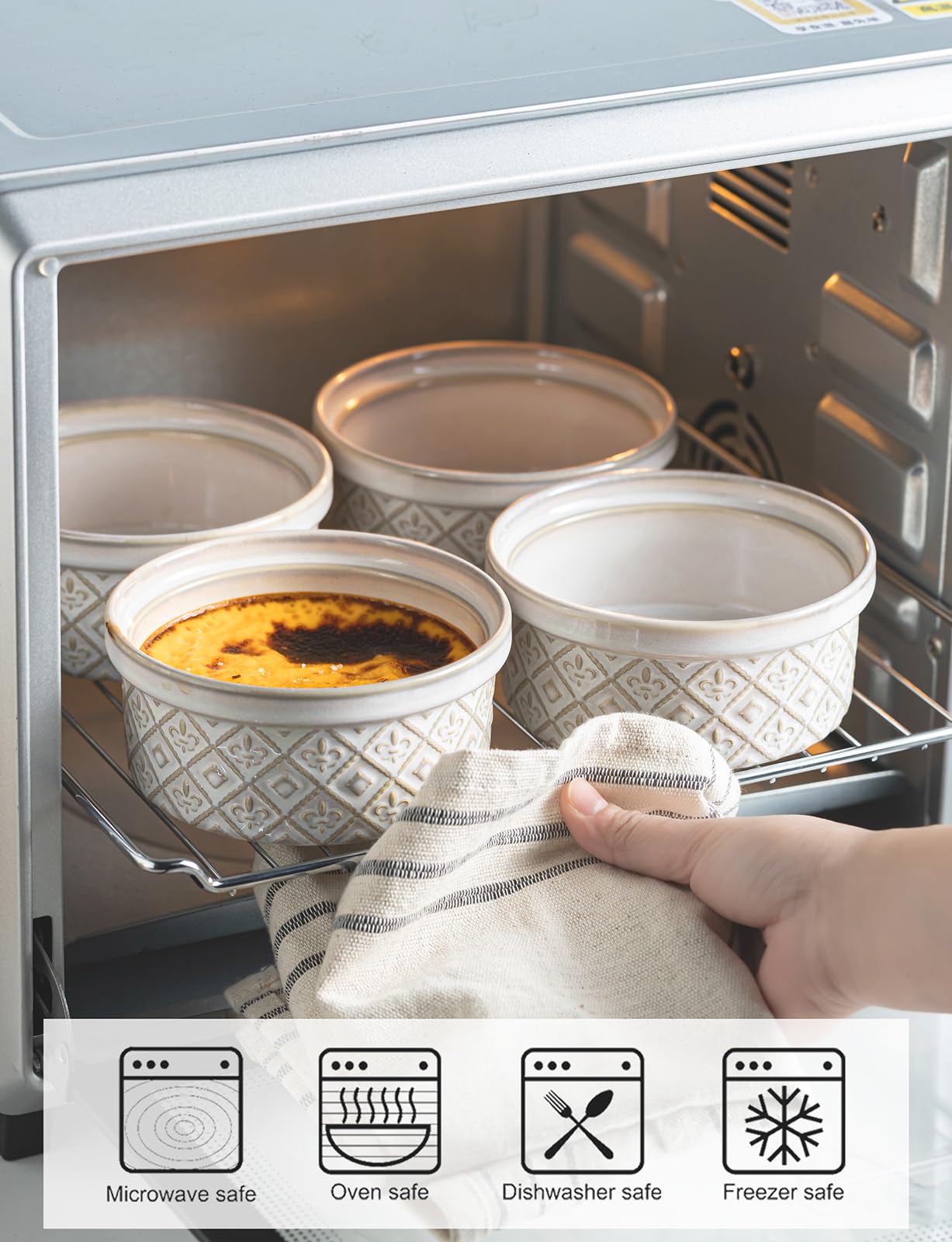 Platos pequeños de cerámica para horno, cuencos de charcutería de 16 onzas, juego de ramequines de crema brulee con tapas, tazas de natillas de pudín, juego de 4, color beige