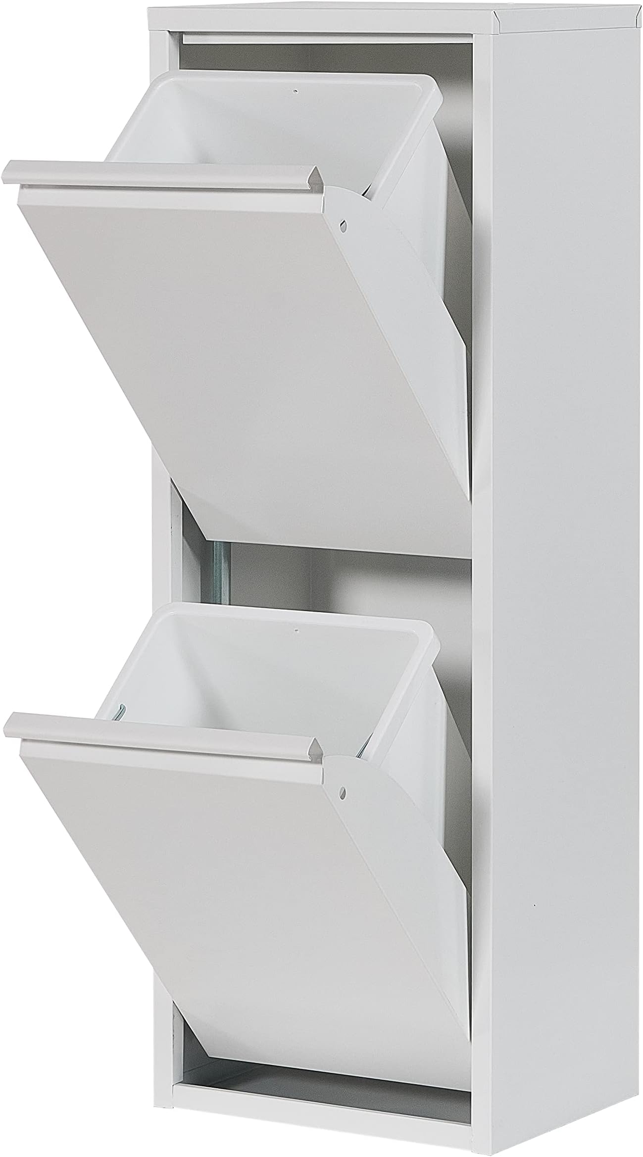 Recycling Bins for Kitchen Metal Slim Trash Bin Cabinet 2 Bins Plastic Buckets with Metal Handles, 2x15 Litres Bin Divider Storage Organiser, Sturdy Rubbish Bin Aphrodisias 2 Drawer (White)