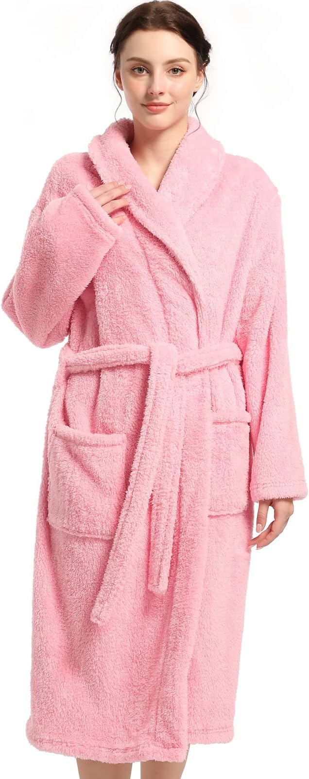 Womens Plush Fleece Robe, Cozy Warm Bathrobe Fuzzy Female Spa Robe With Pockets