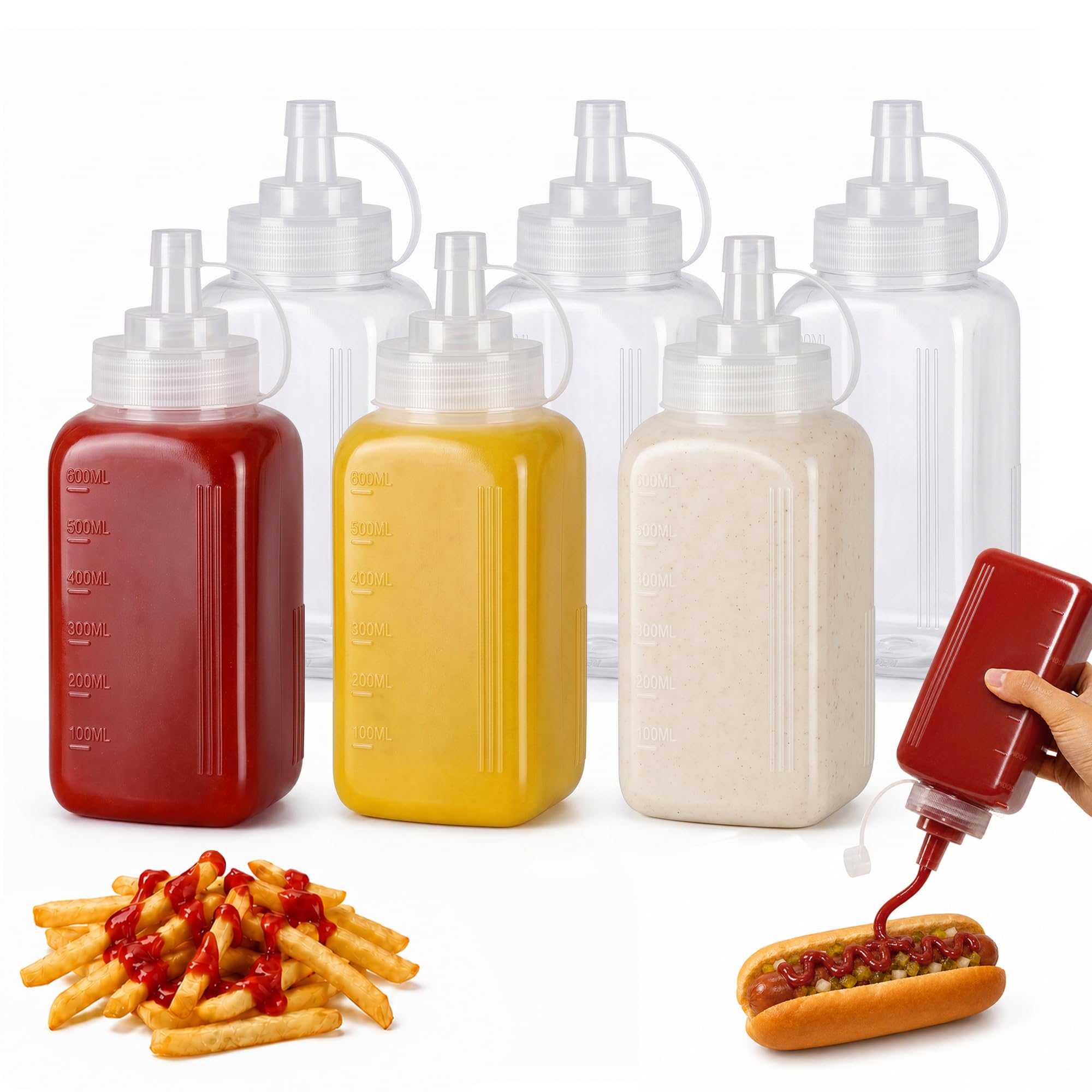 OAMCEG 600ml Square Sauce Squeeze Bottles - 6 Pack BPA-Free Plastic Ketchup & Condiment Bottles with Measurement for Syrup, Dressings, Mayonnaise，Hot Sauce