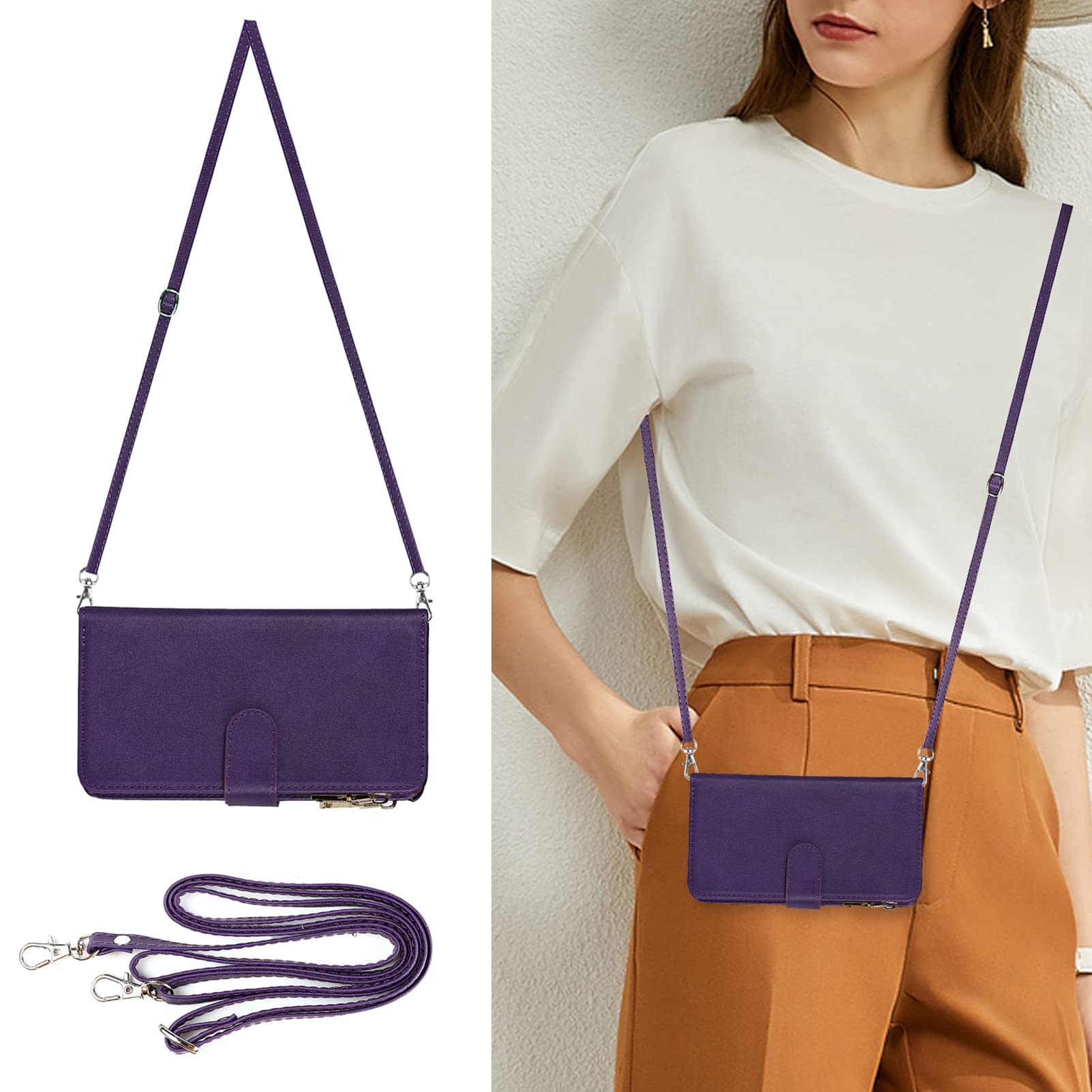 Jaorty iPhone 8 Plus Wallet Case, 5.5 Inch Purple, PU Leather, Multi-Functional, 9 Card Slots, Removable Lanyard, Crossbody Strap, Kickstand