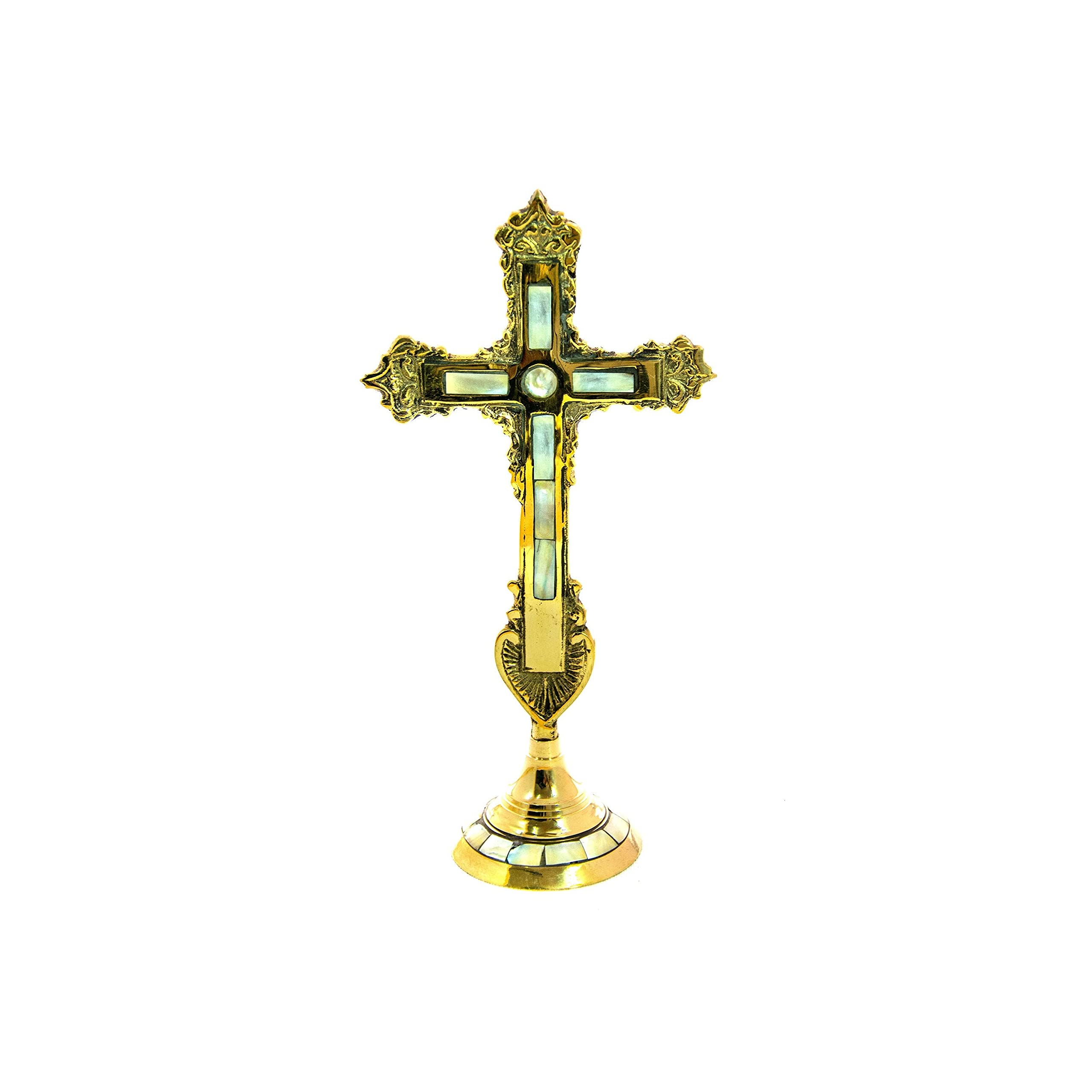 Standing Table Altar Crucifix, Jesus Christ Brass Blessing Cross, Handmade Greek Orthodox Byzantine Gold plated Holy Cross, religious decor