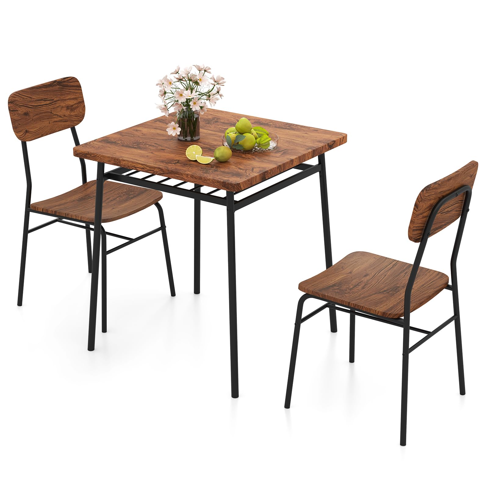 RELAX4LIFE Set Tavolo e Sedie da Pranzo in Stile Industriale, Tavolo Quadrato con Ripiano a Griglia e Sedia con Schienale e Seduta Curvi, Set di Mobili con Struttura in Metallo per la Casa