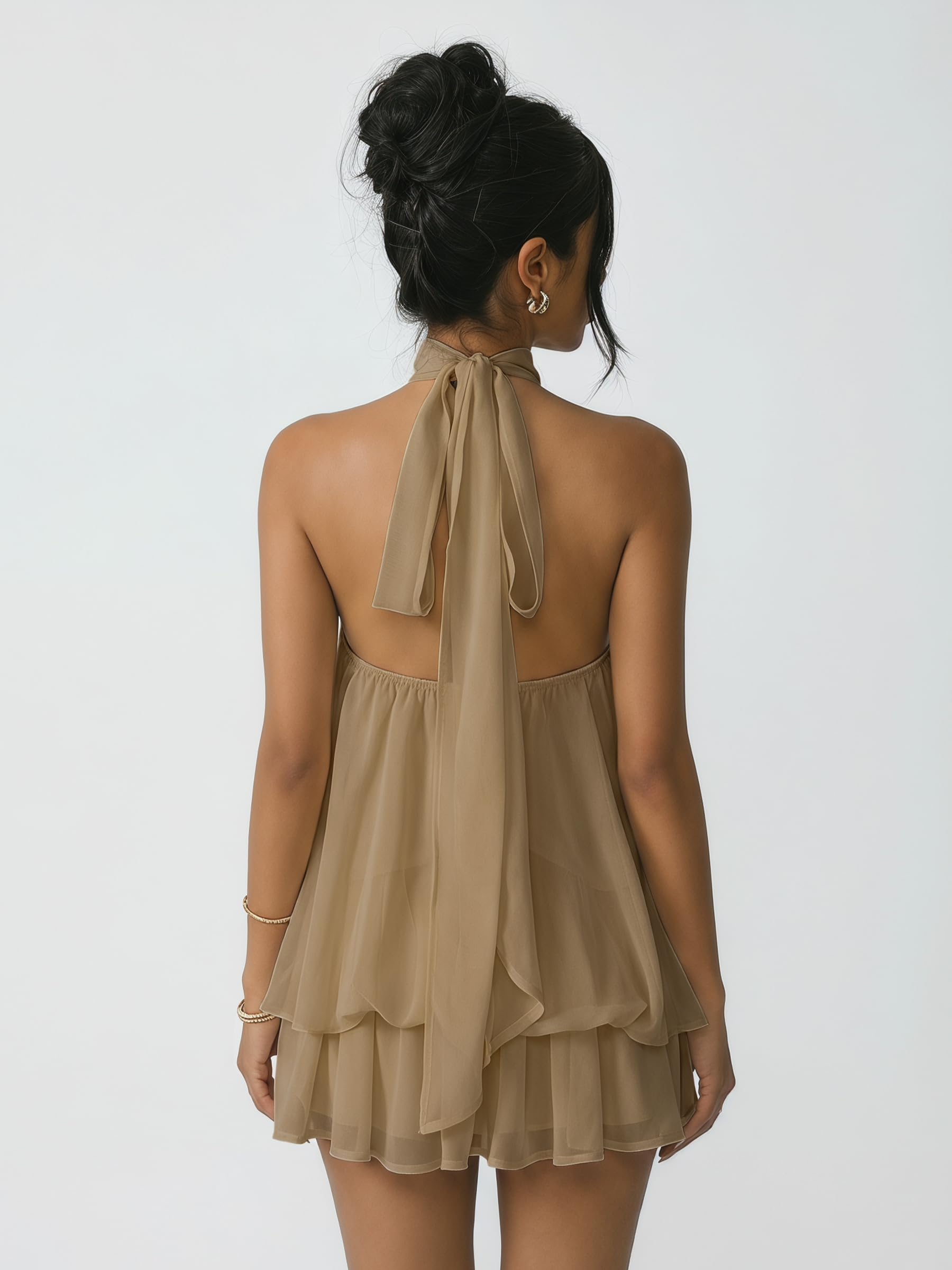 Robe Femme Chic et Elegant Été Robes Courte Ample Col Halter sans Manches Sexy Mini Robe Dos Nu à Nouer Casual Robes en Mousseline Volants Fluide Dresses pour Soirée Clubbing Plage Vacances