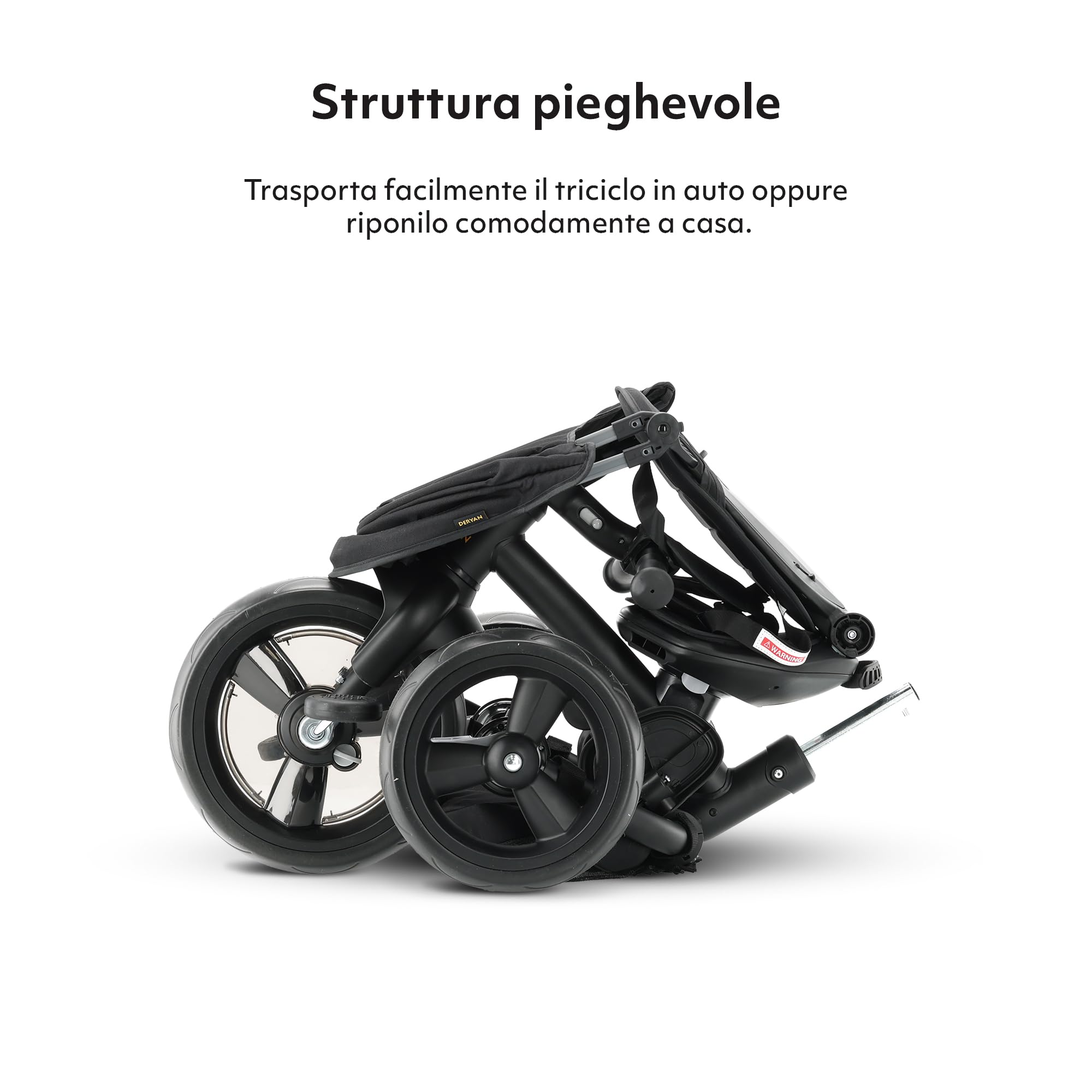Deryan Explorer Triciclo da 9 Mesi fino a 25 kg – Triciclo per Bambini con Maniglione di Spinta – Sedile Girevole – Tettuccio Estensibile con Protezione Solare – Nero