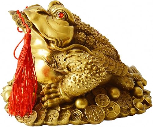 Estatua de rana de dinero de Feng Shui de latón con dije de la suerte monedas antiguas en cuerda roja, decoración de Feng Shui