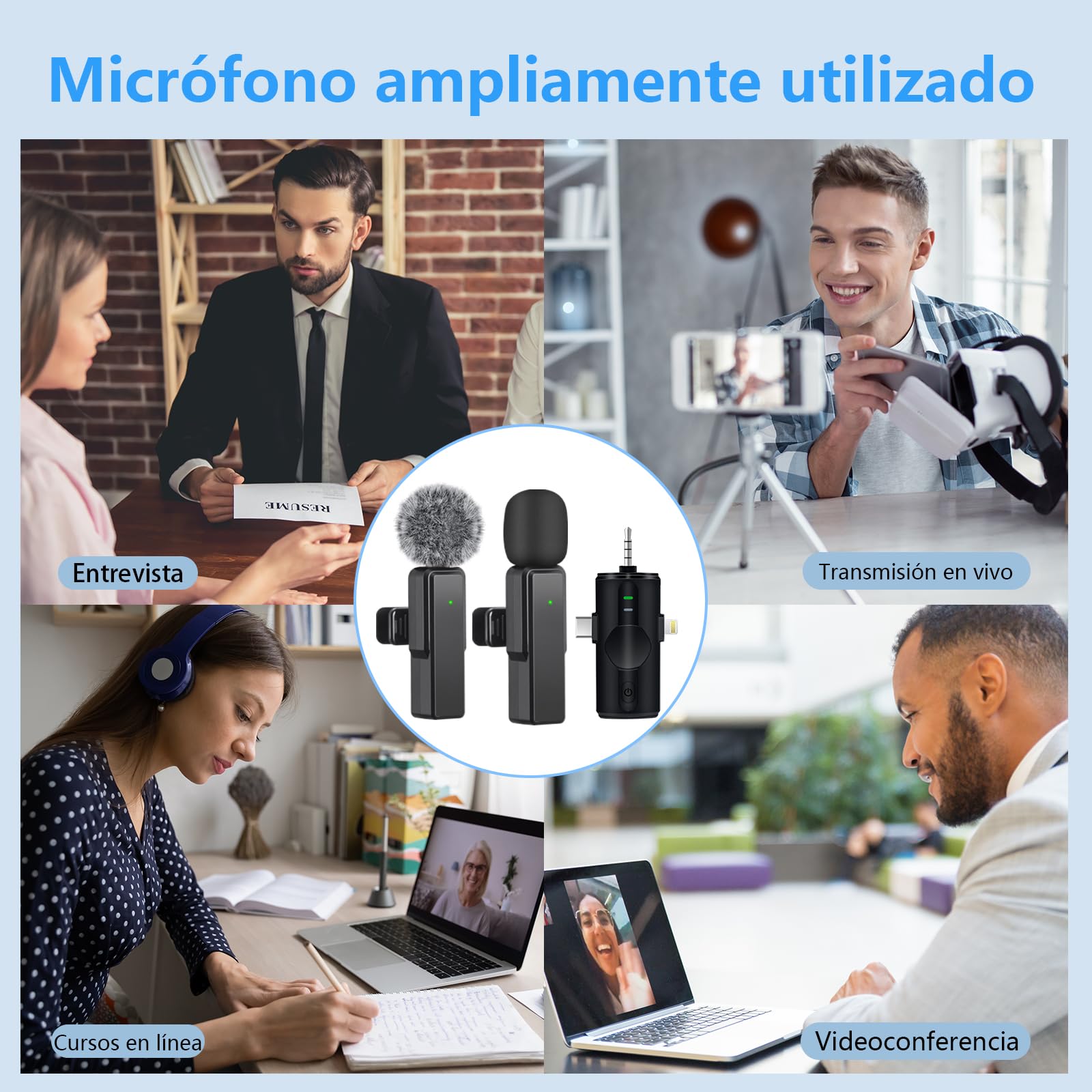 Micrófono-Lavalier-Inalámbrico, Microfono de Solapa 4 en 1 Mini Micrófono Inalámbrico Teléfono Móvil para iPhone/Android/PC, Microfono Plug-Play Inalambrico para Grabaciones TikTok Transmisión en Vivo