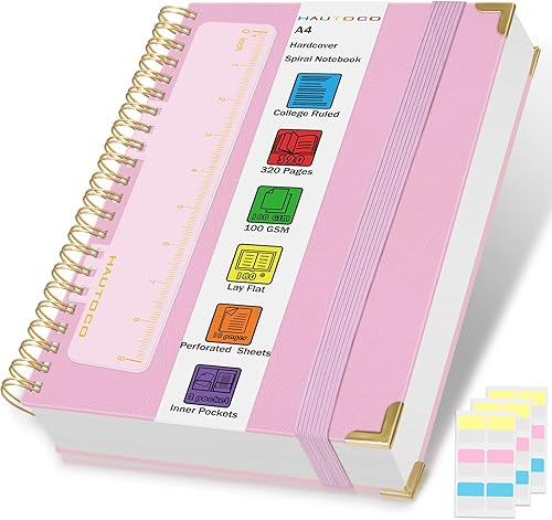 HAUTOCO Spiral Notebook 8.5"x 11", College Ruled Notebook Journal with 320 Pages, A4 Pink Hardcover Notebook, 100 GSM Paper, Lined Paper Journaling